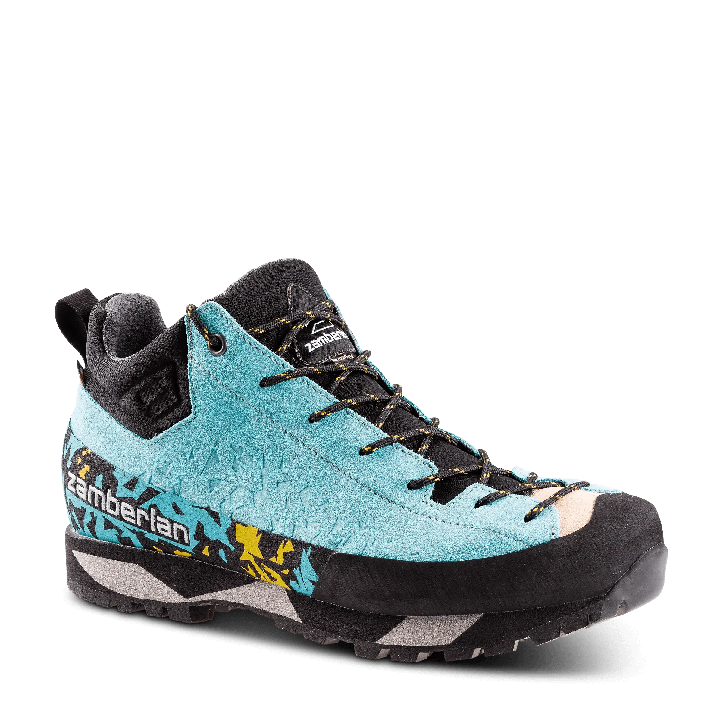 Light blue hiking boot with black and gray accents on a white background