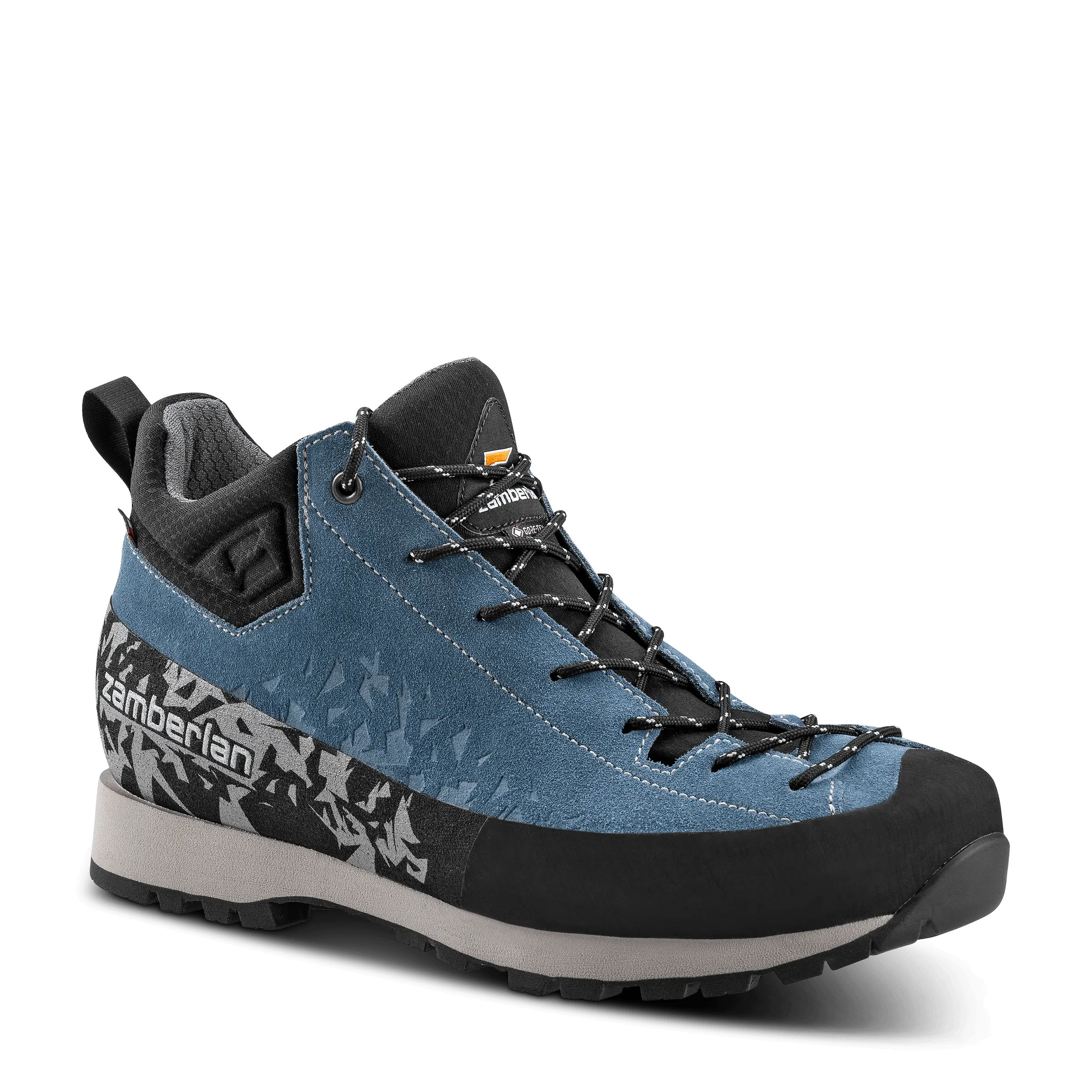 Blue hiking boot with black and gray accents on a white background