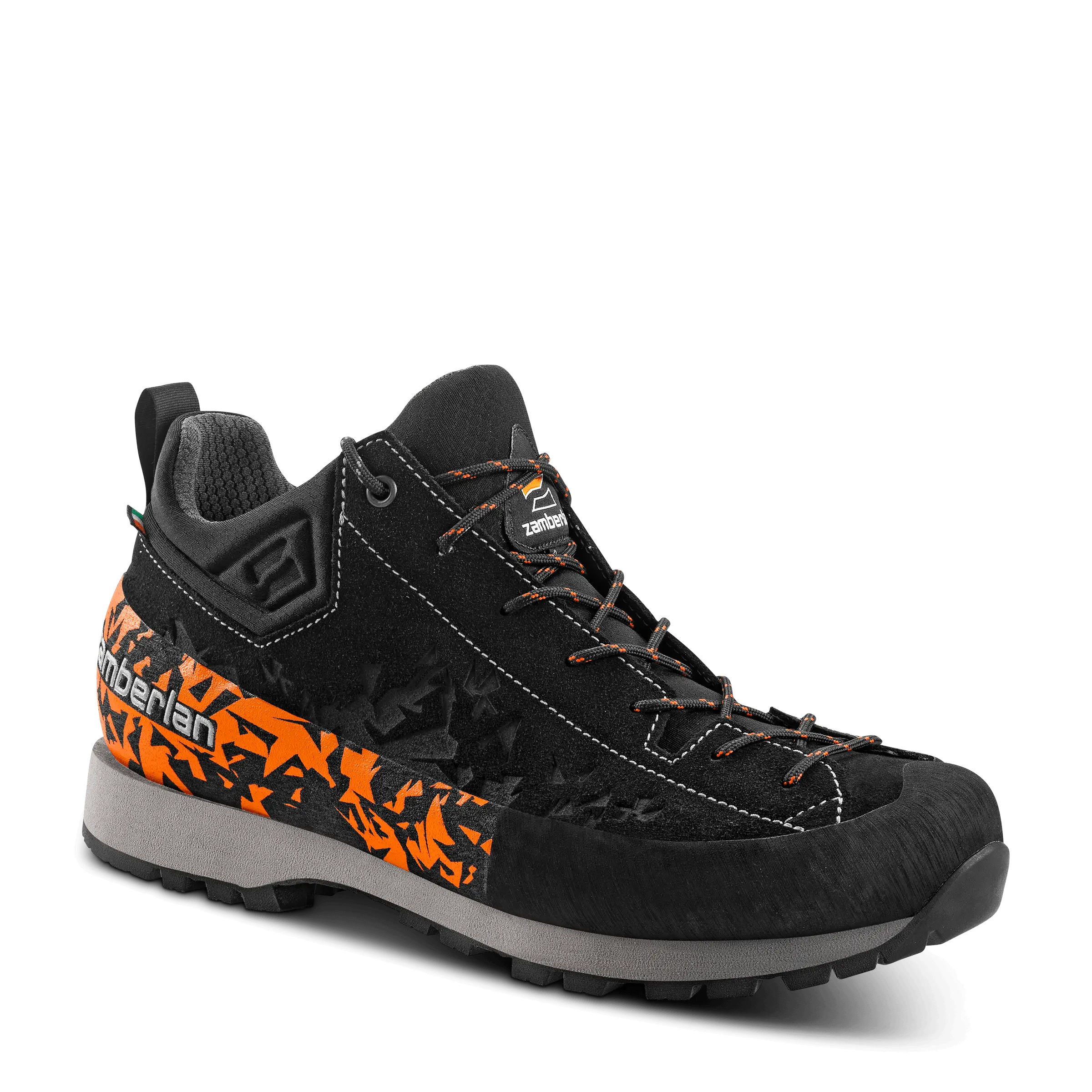 Black hiking boot with orange accents on a transparent background