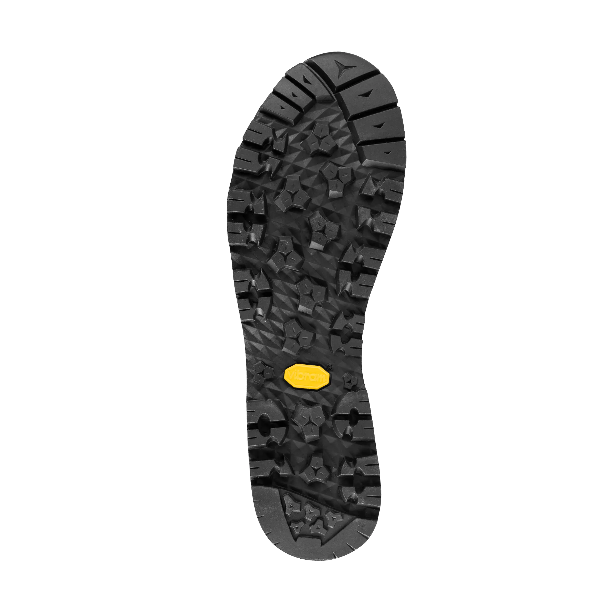 Close-up of a shoe sole with tread pattern and a yellow dot on a black background