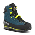 Blue and black hiking boot with yellow accents on a black background