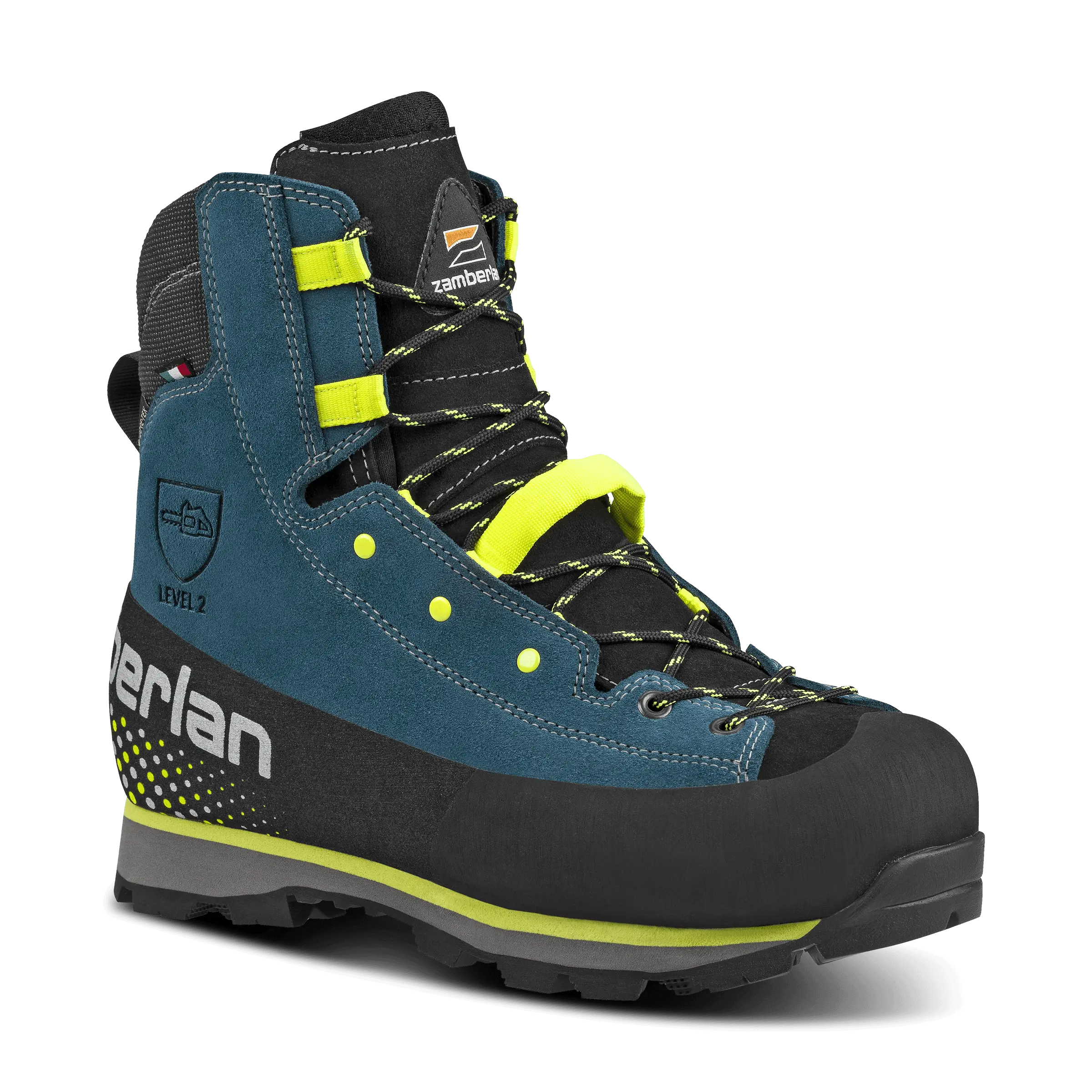 Blue and black hiking boot with yellow accents on a black background