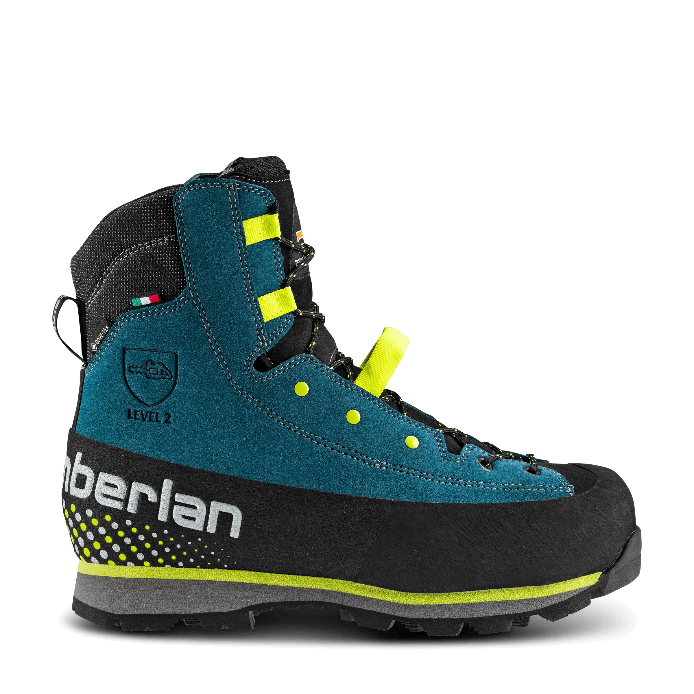 Blue hiking boot with black and yellow accents on a white background