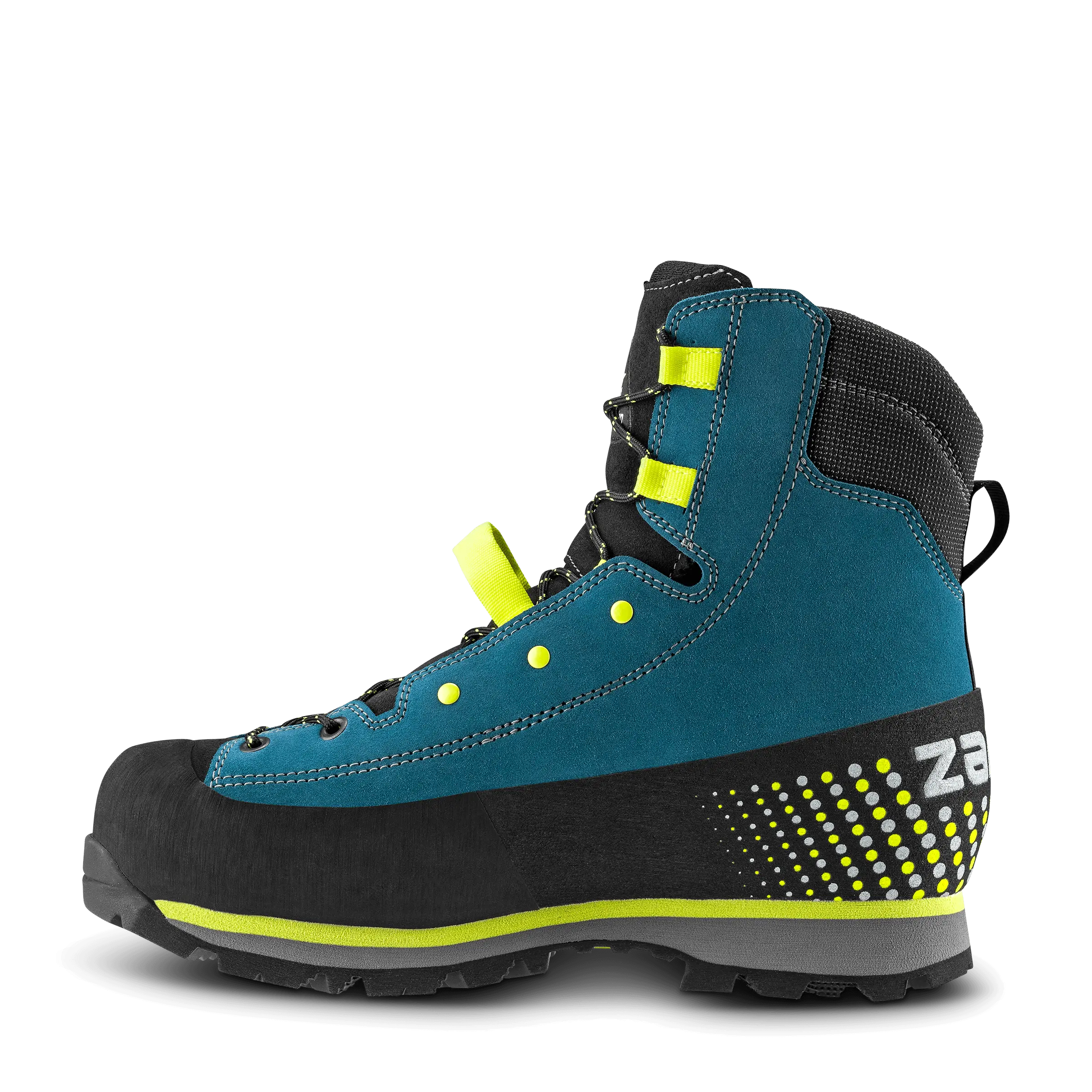 Blue and black hiking boot with yellow accents on a black background