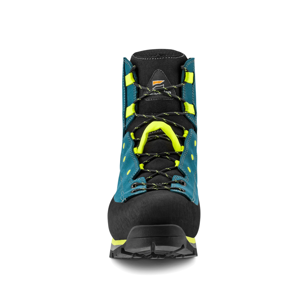 Black and blue hiking boot with yellow accents on a black background