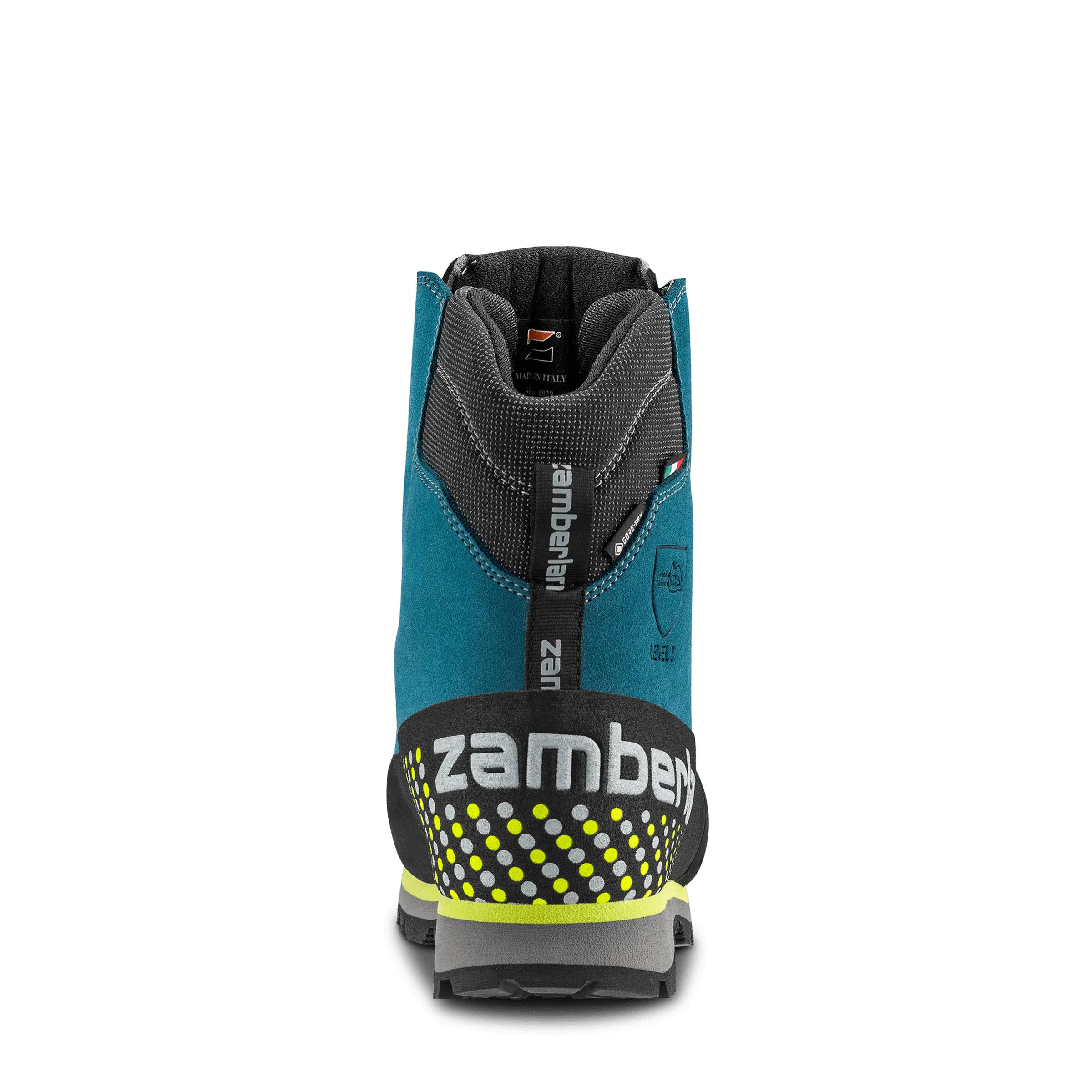 Back view of a blue and black Zamberlan ski boot on a white background
