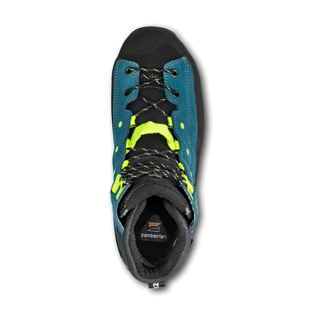 Blue and black climbing shoe with yellow accents on a white background
