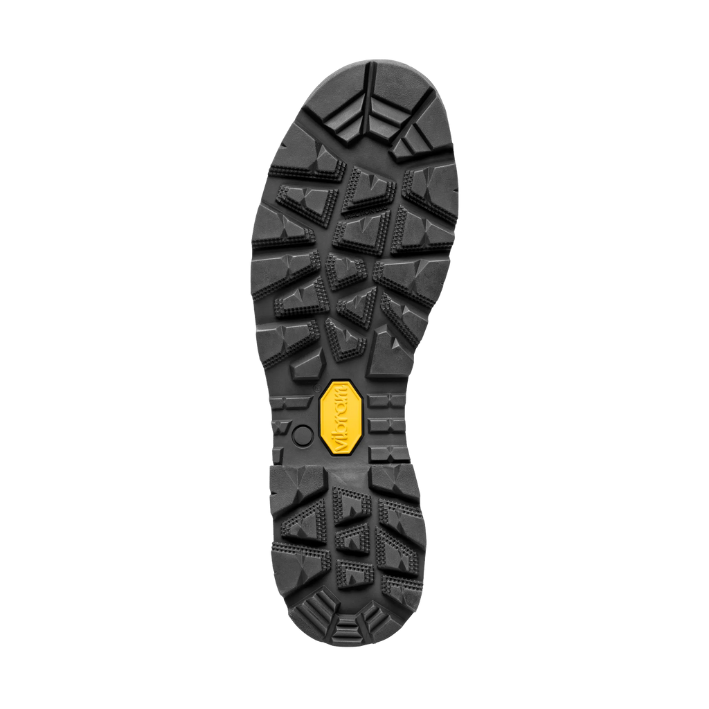 Close-up of a black rubber sole with a yellow label on a transparent background