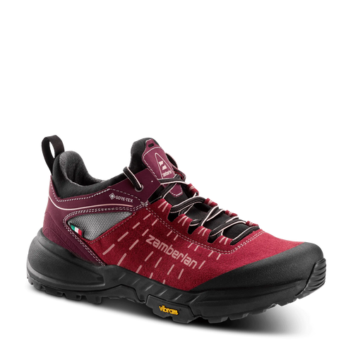 Red hiking shoe with black accents on a transparent background