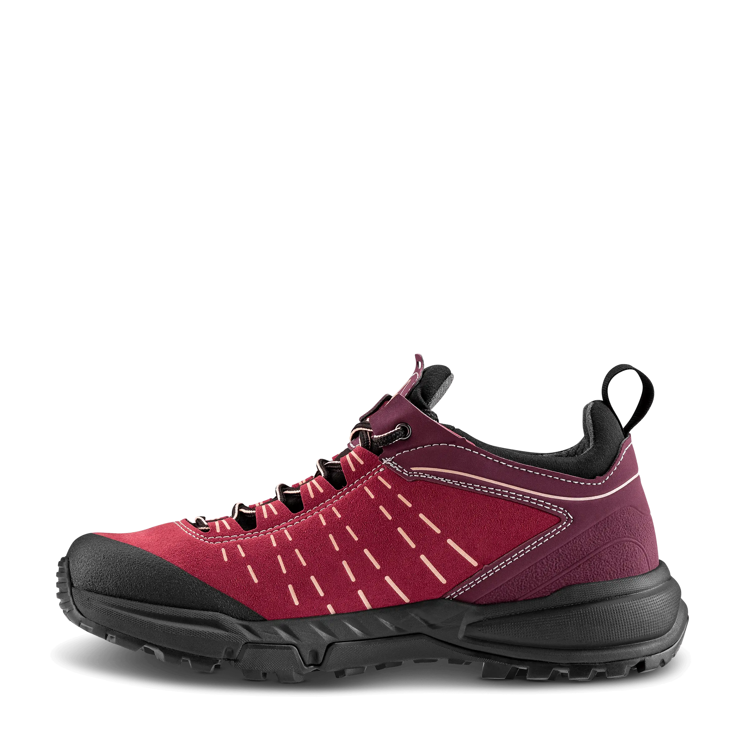 Red and black hiking shoe on a white background