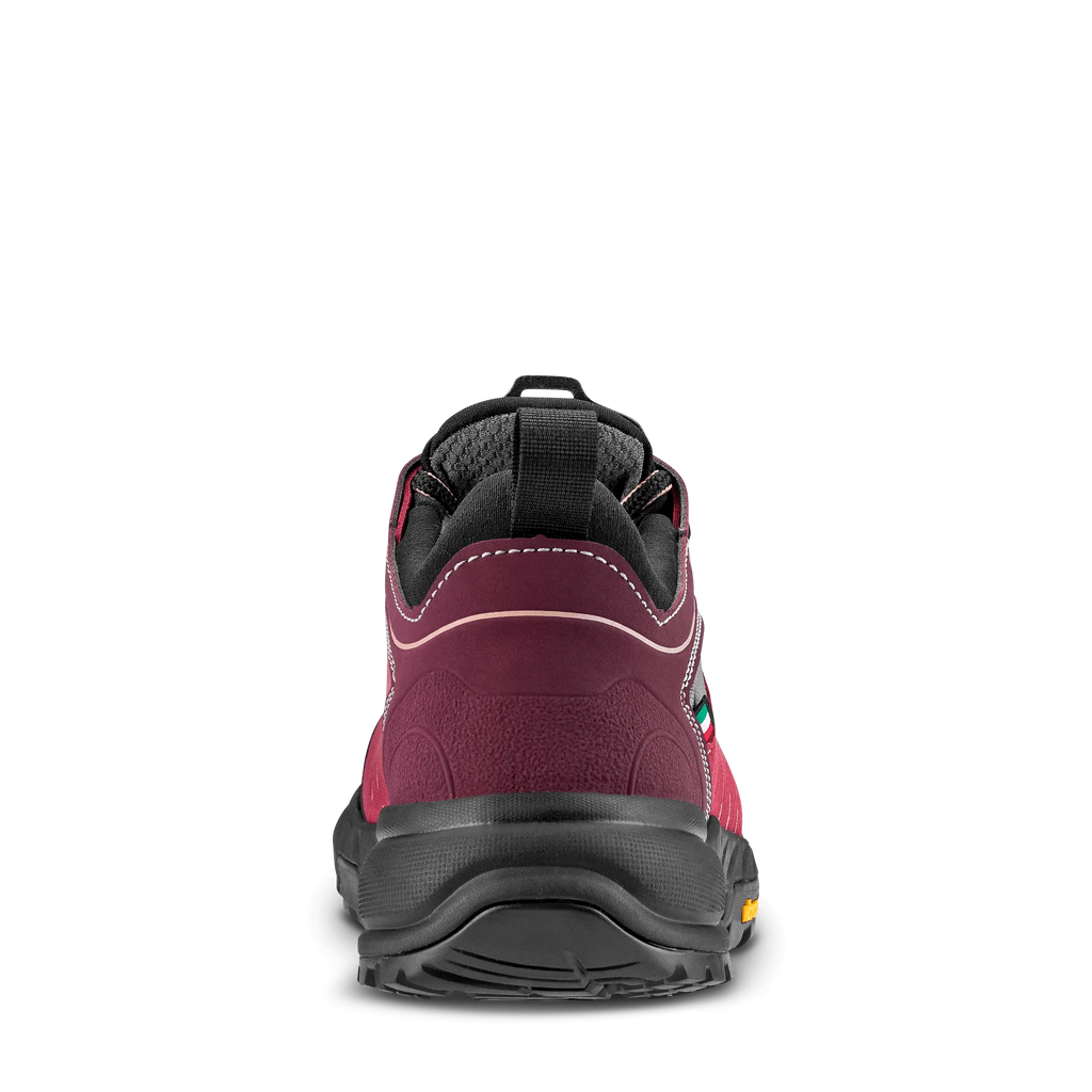 Back view of a maroon hiking shoe with black sole on a transparent background