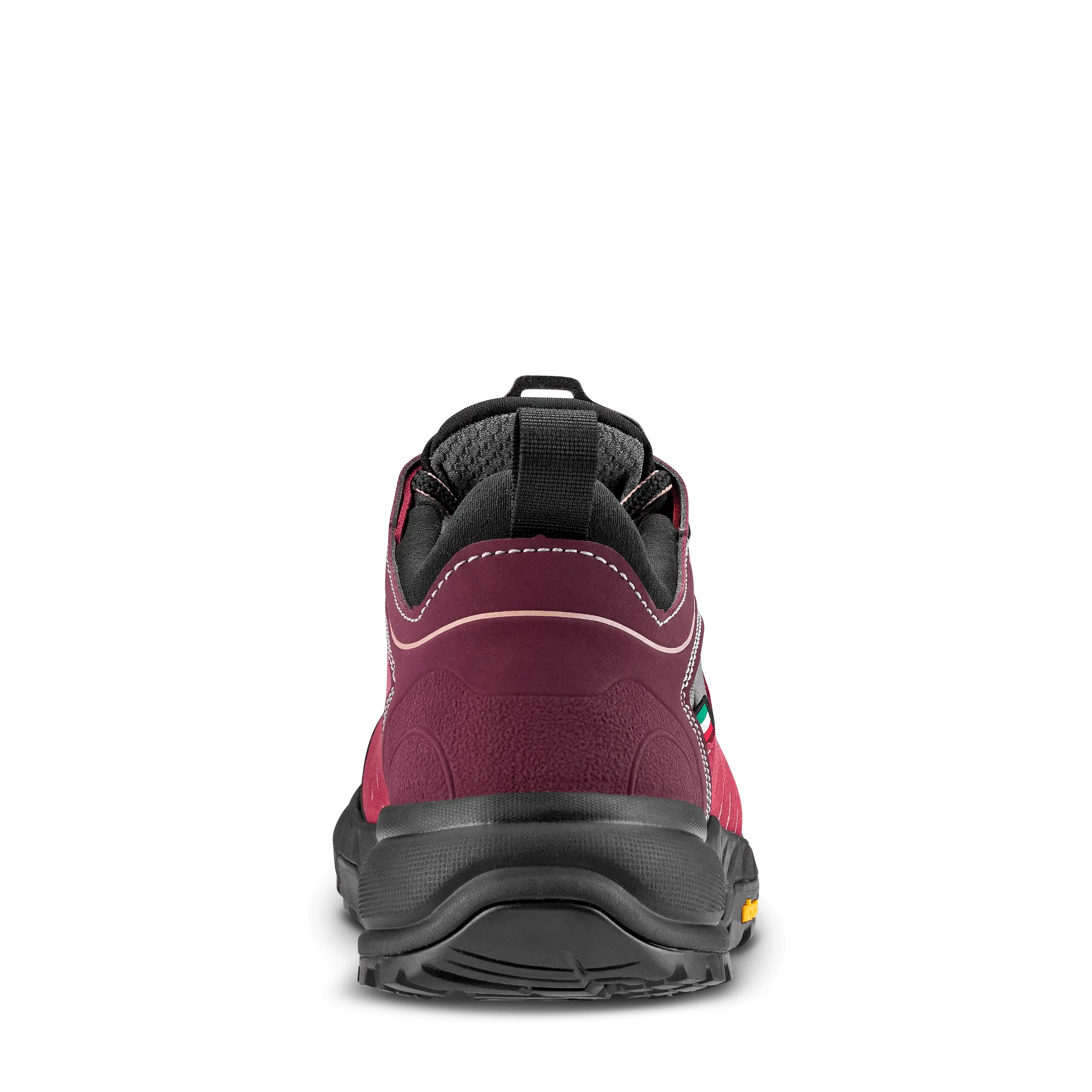 Back view of a maroon hiking shoe with black sole on a transparent background