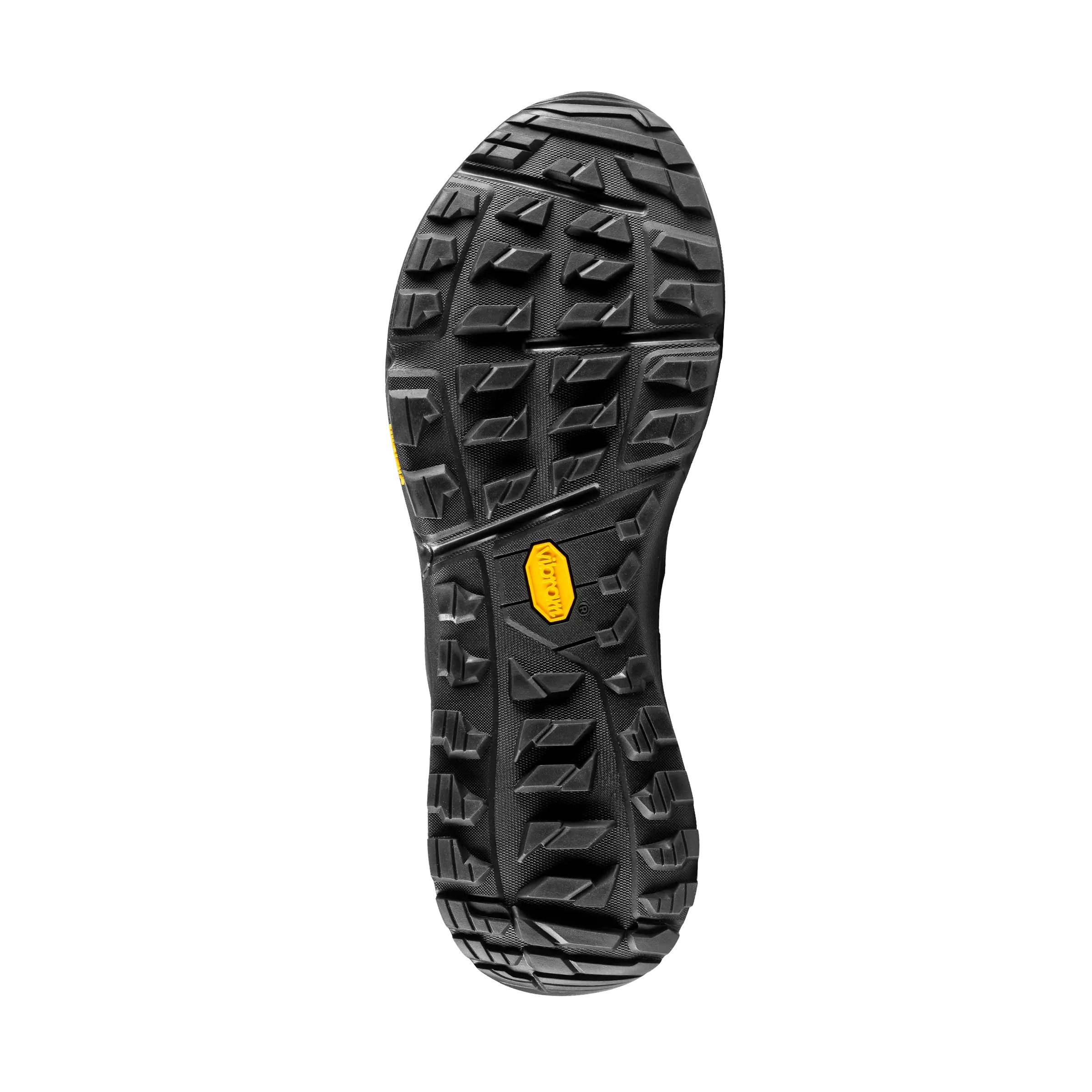 Black sole of a shoe with a yellow label on a black background