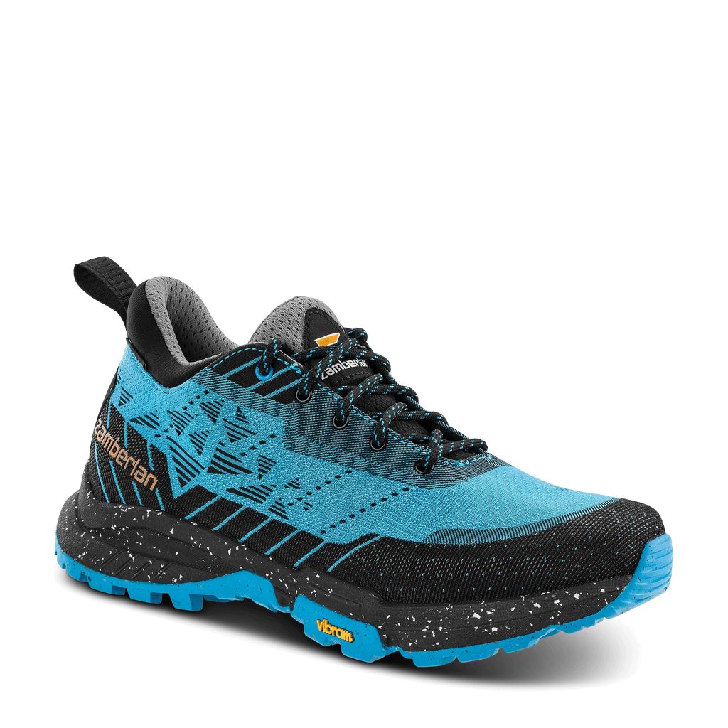 Blue and black hiking shoe with visible brand logo on a black background