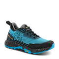 Blue and black hiking shoe with visible brand logo on a black background