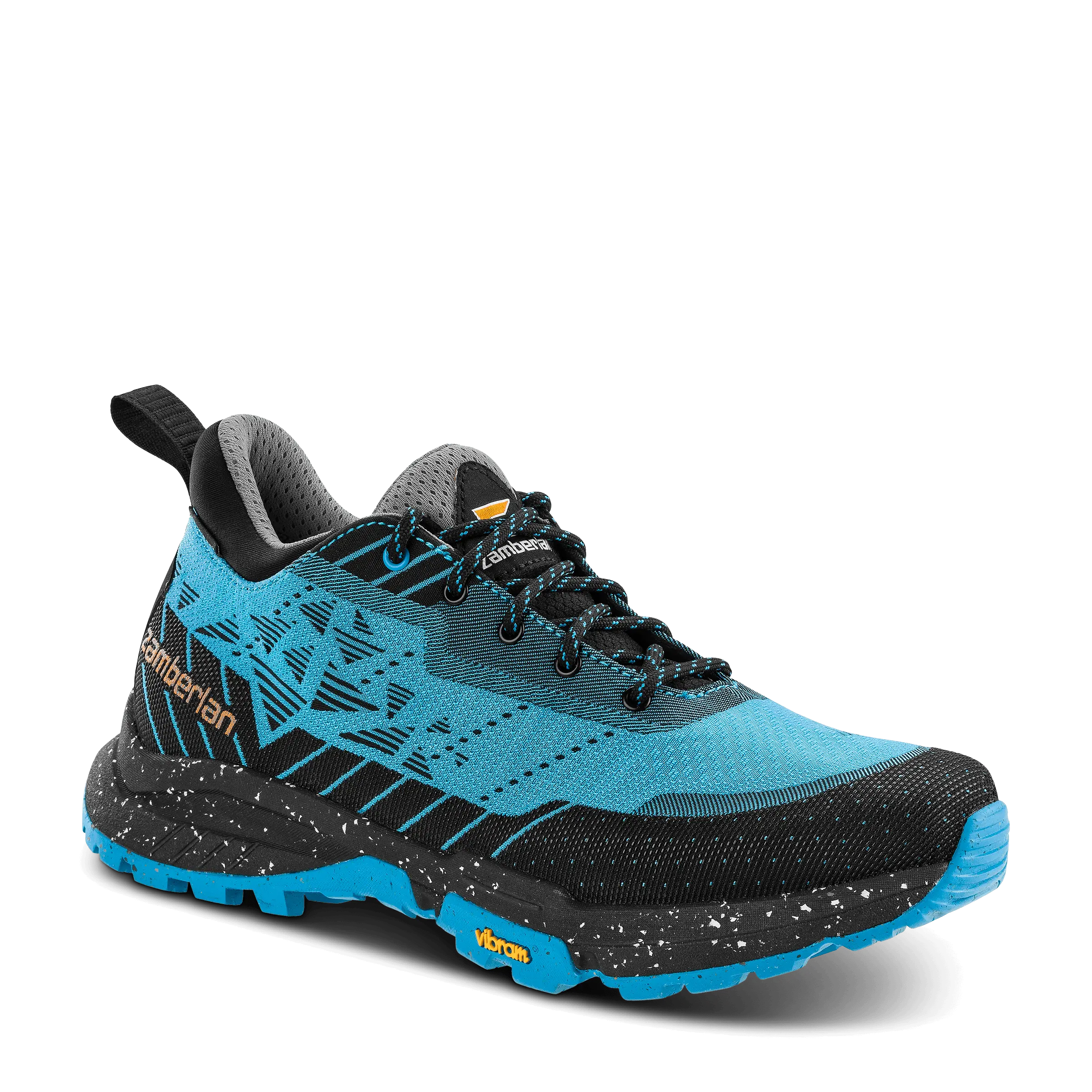 Blue and black hiking shoe with visible brand logo on a black background