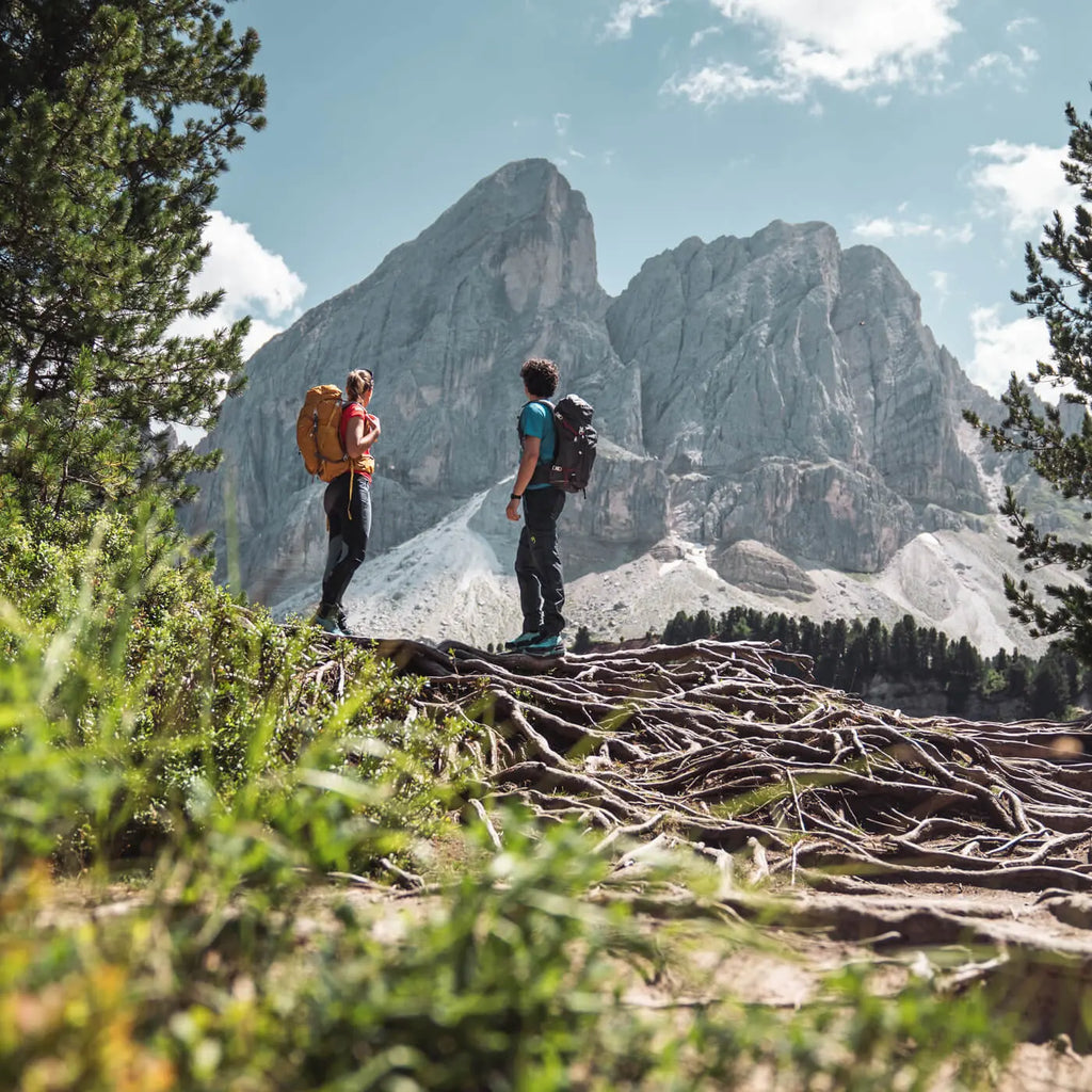 Two hikers with backpacks standing on a mountain trail with a large mountain in the background.