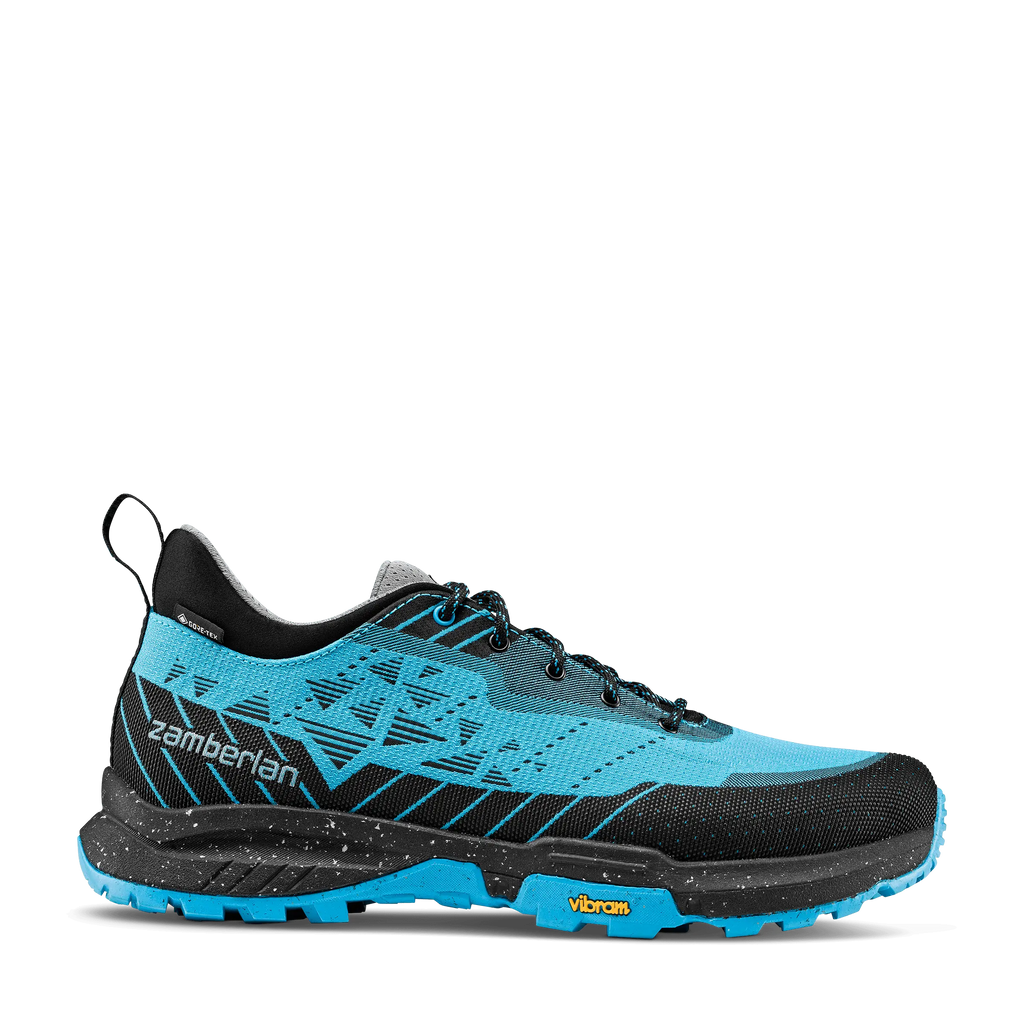 Blue and black running shoe with 'Zamberlan' branding on a white background
