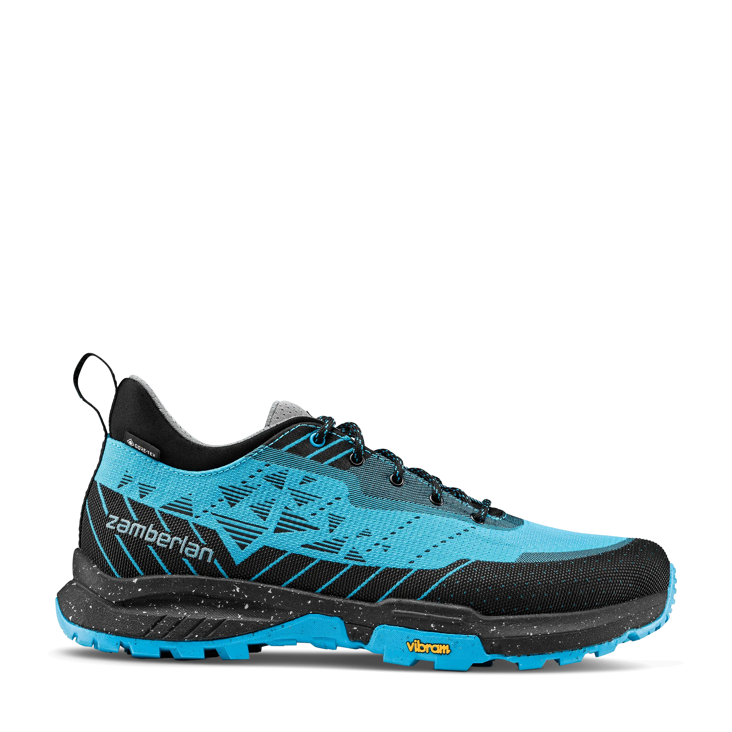 Blue and black running shoe with 'Zamberlan' branding on a white background