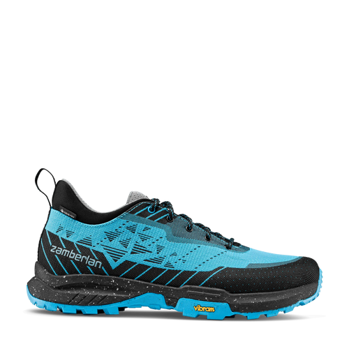 Blue and black running shoe with 'Zamberlan' branding on a white background