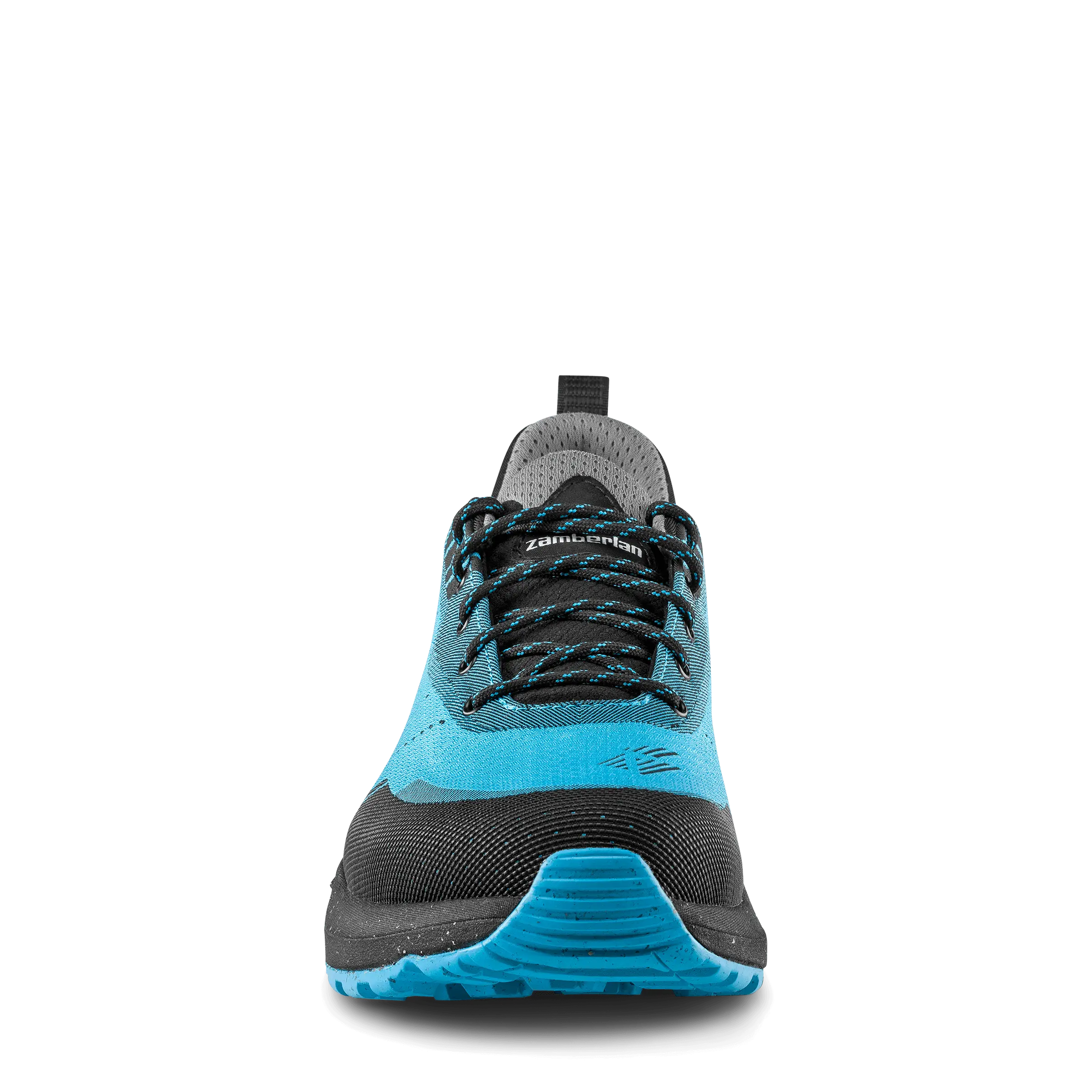 Blue and black athletic shoe on a black background