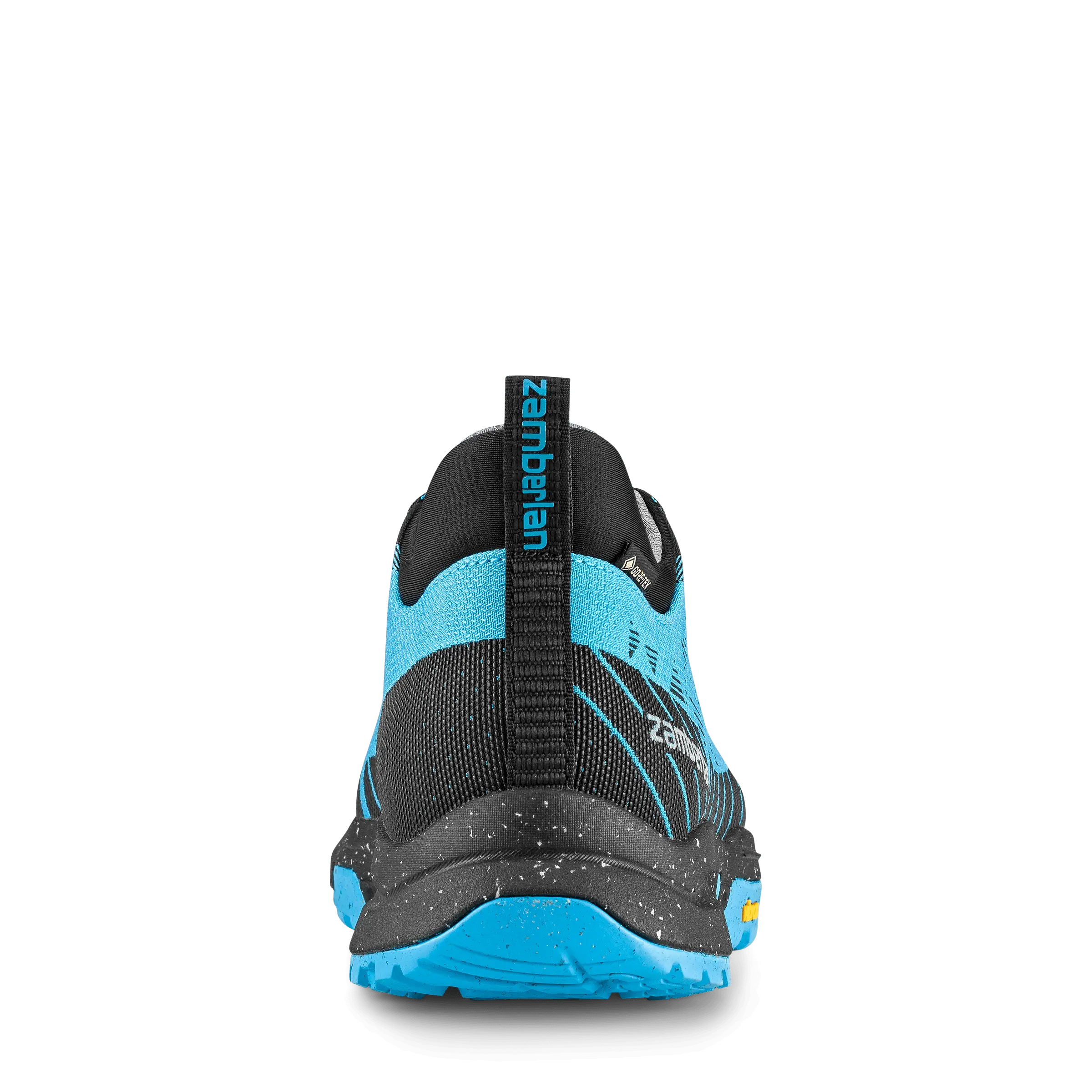 Blue and black hiking shoe with brand logo on a black background
