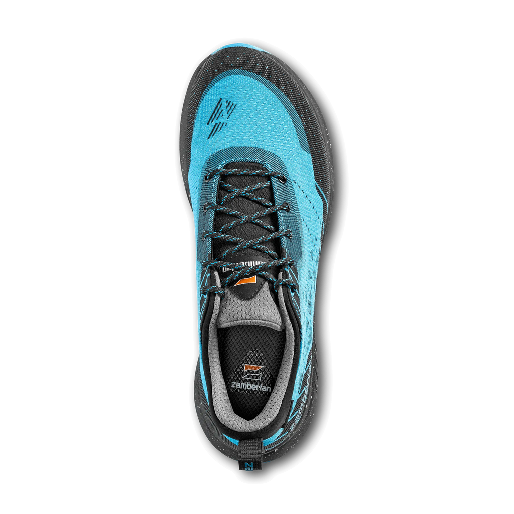 Blue and black athletic shoe on a white background