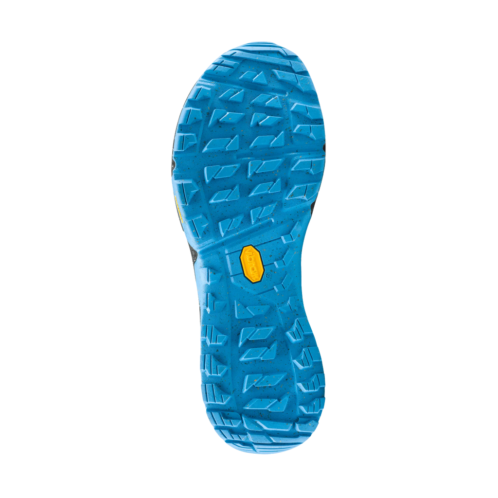 Blue shoe sole with a yellow dot on a black background