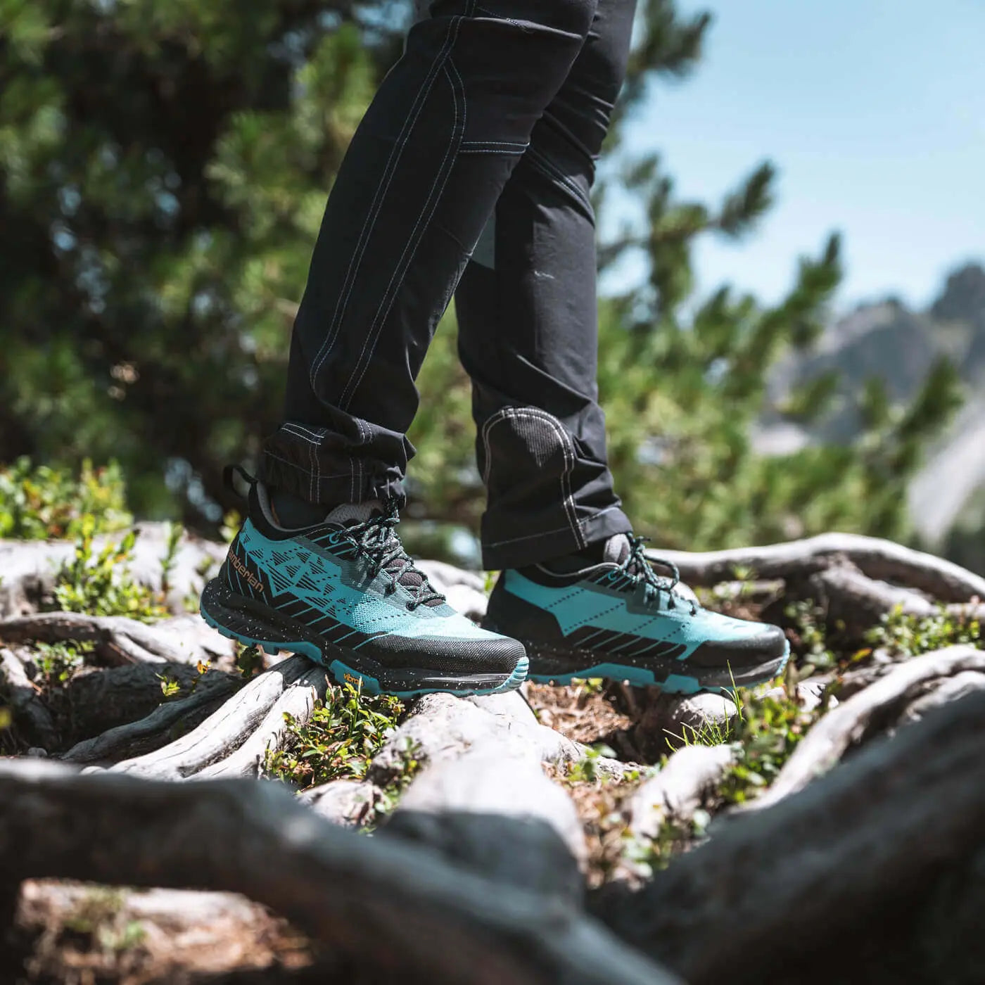 Person wearing teal hiking boots on a rocky trail with greenery and mountains in the background