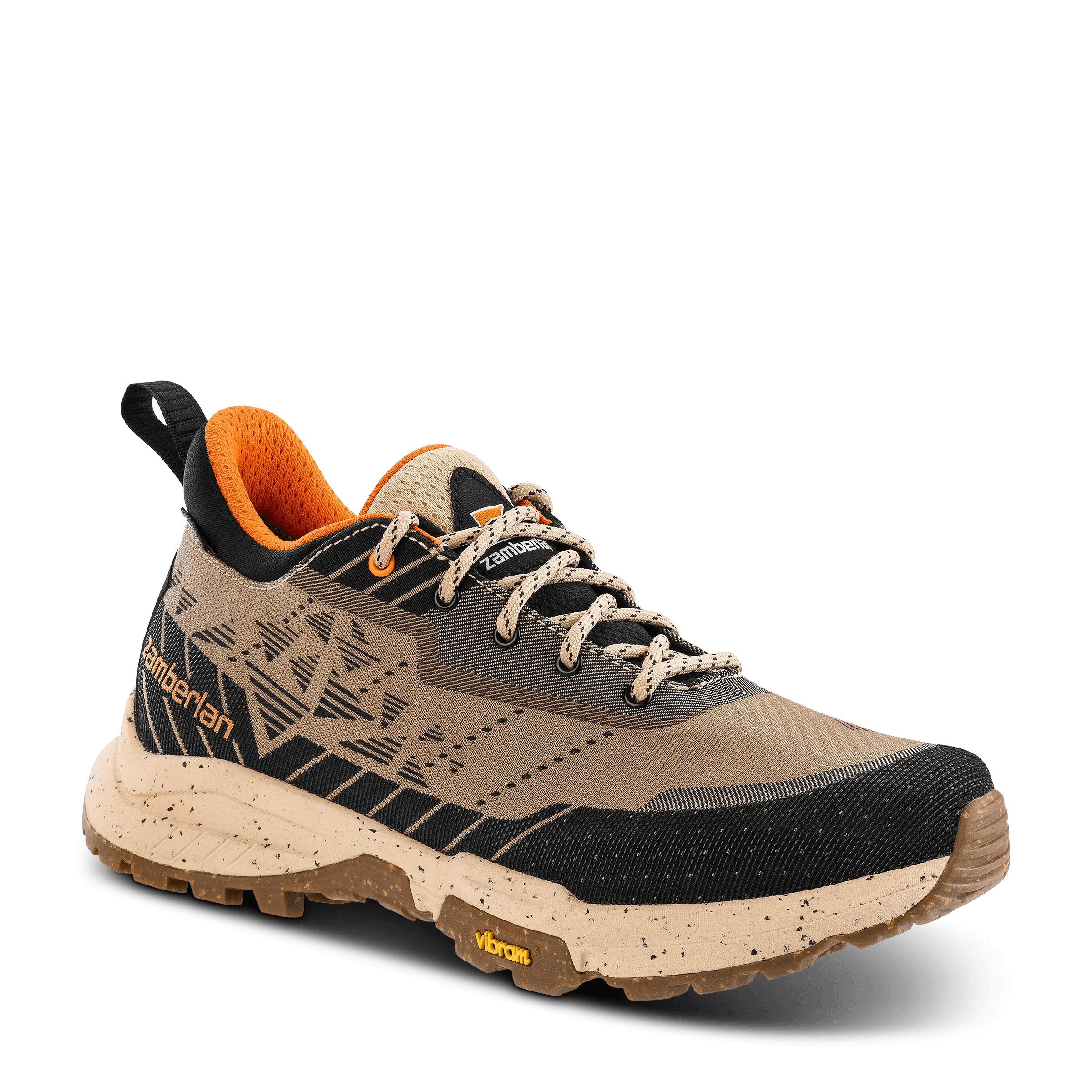 Brown hiking shoe with orange lining on a black background