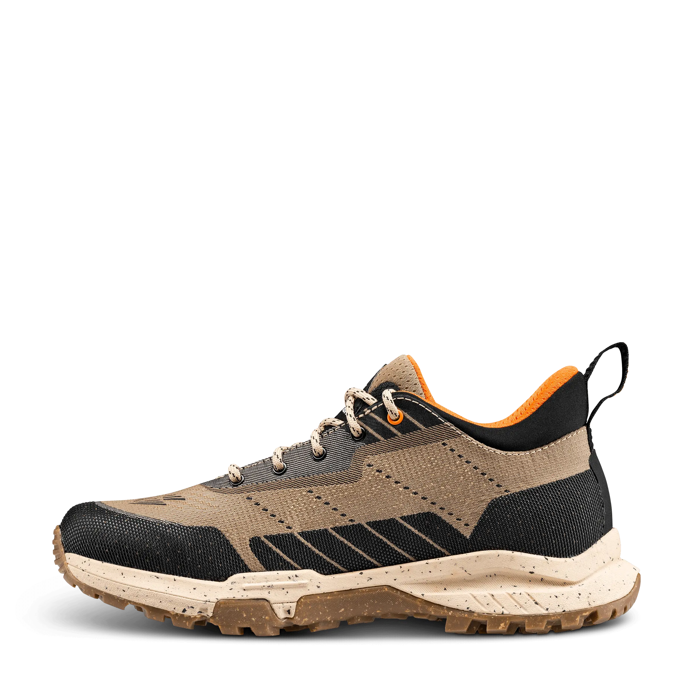 Brown and black hiking shoe with orange accents on a black background