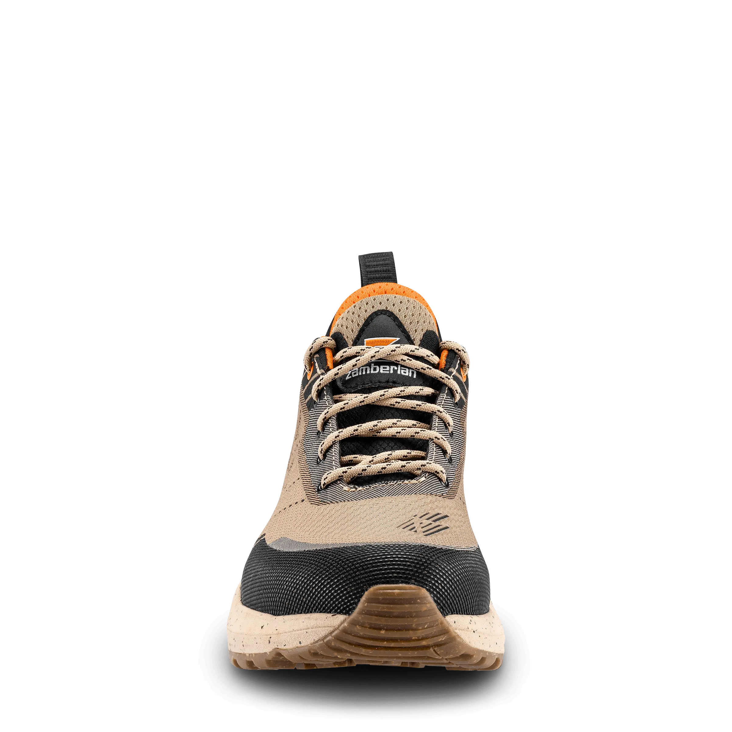 Tan and black hiking shoe with orange accents on a black background