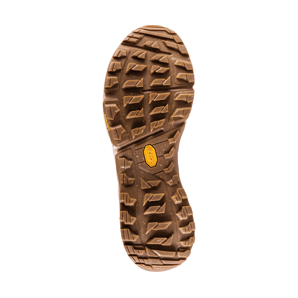 Brown shoe sole with tread pattern on a black background