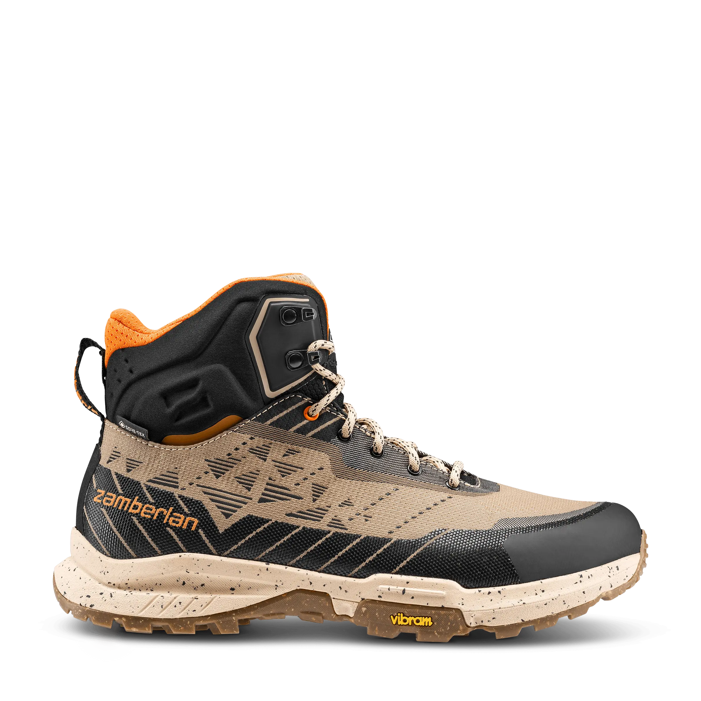 Hiking boot with visible brand name on a black background