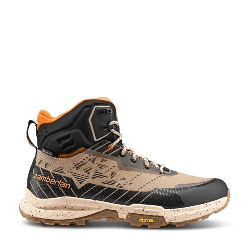 Hiking boot with visible brand name on a black background