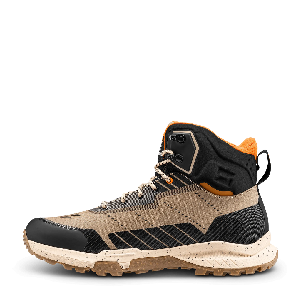 Hiking boot with black, brown, and orange color scheme on a white background