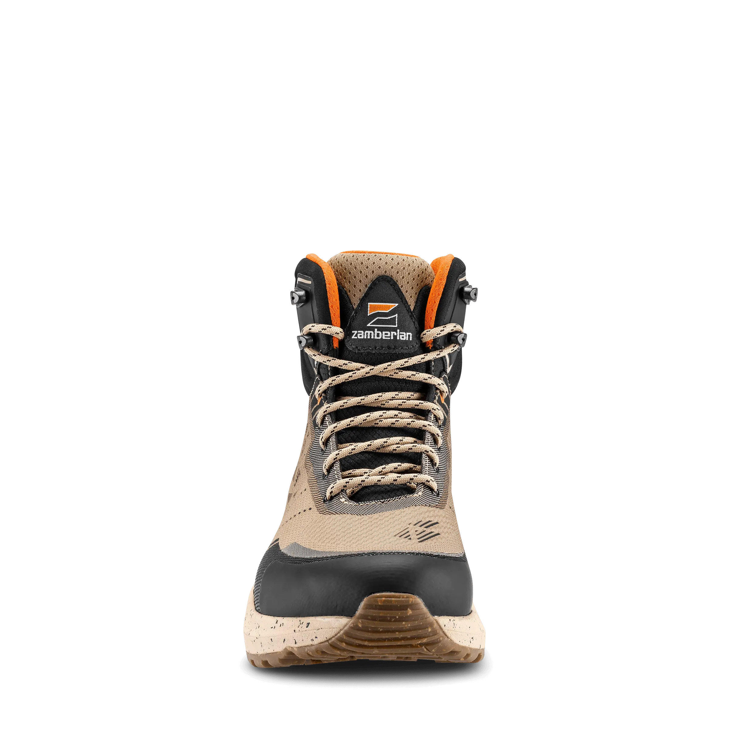 Hiking boot with orange accents on a black background