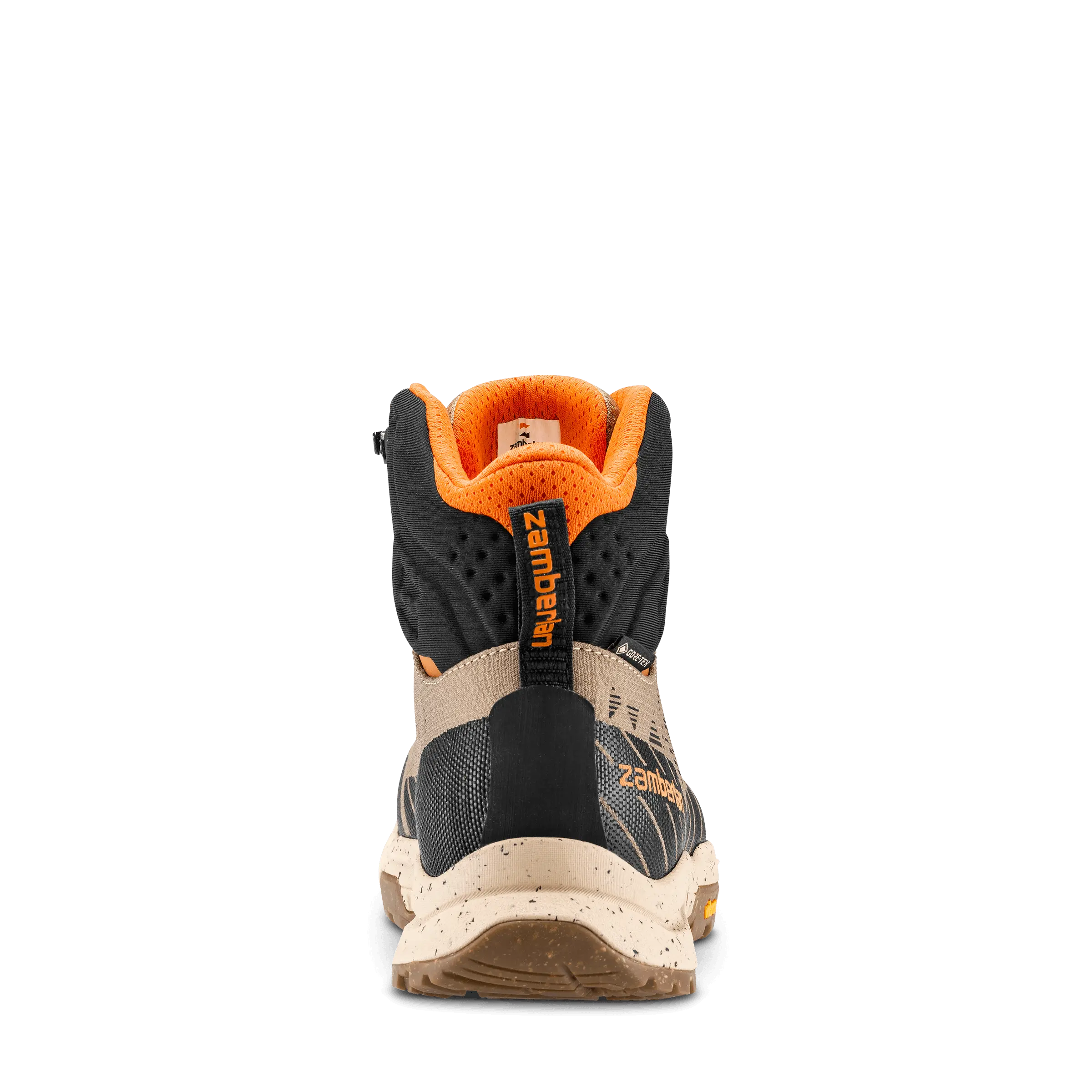 Back view of a hiking boot with orange and black design on a white background