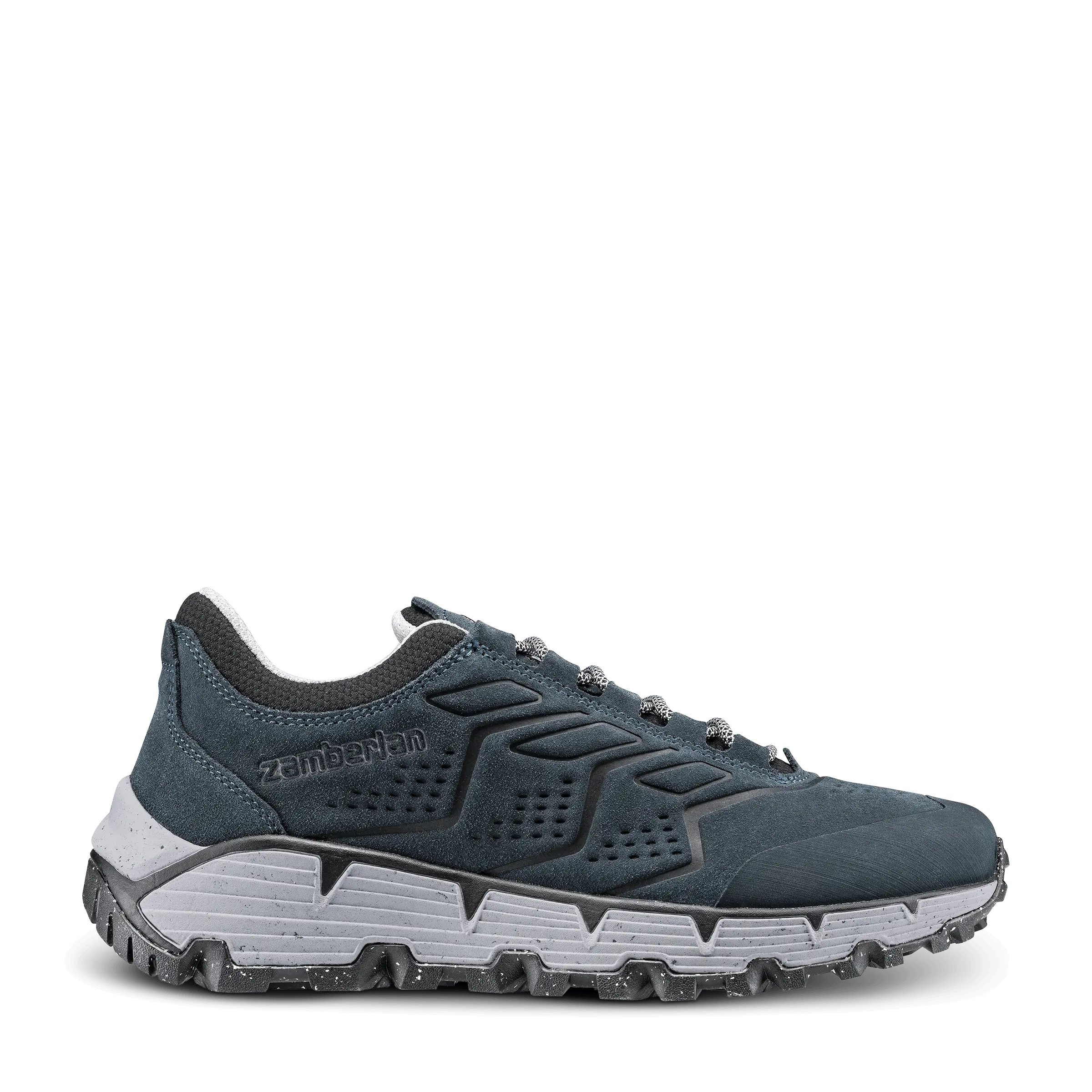 Blue athletic shoe with white sole on a black background