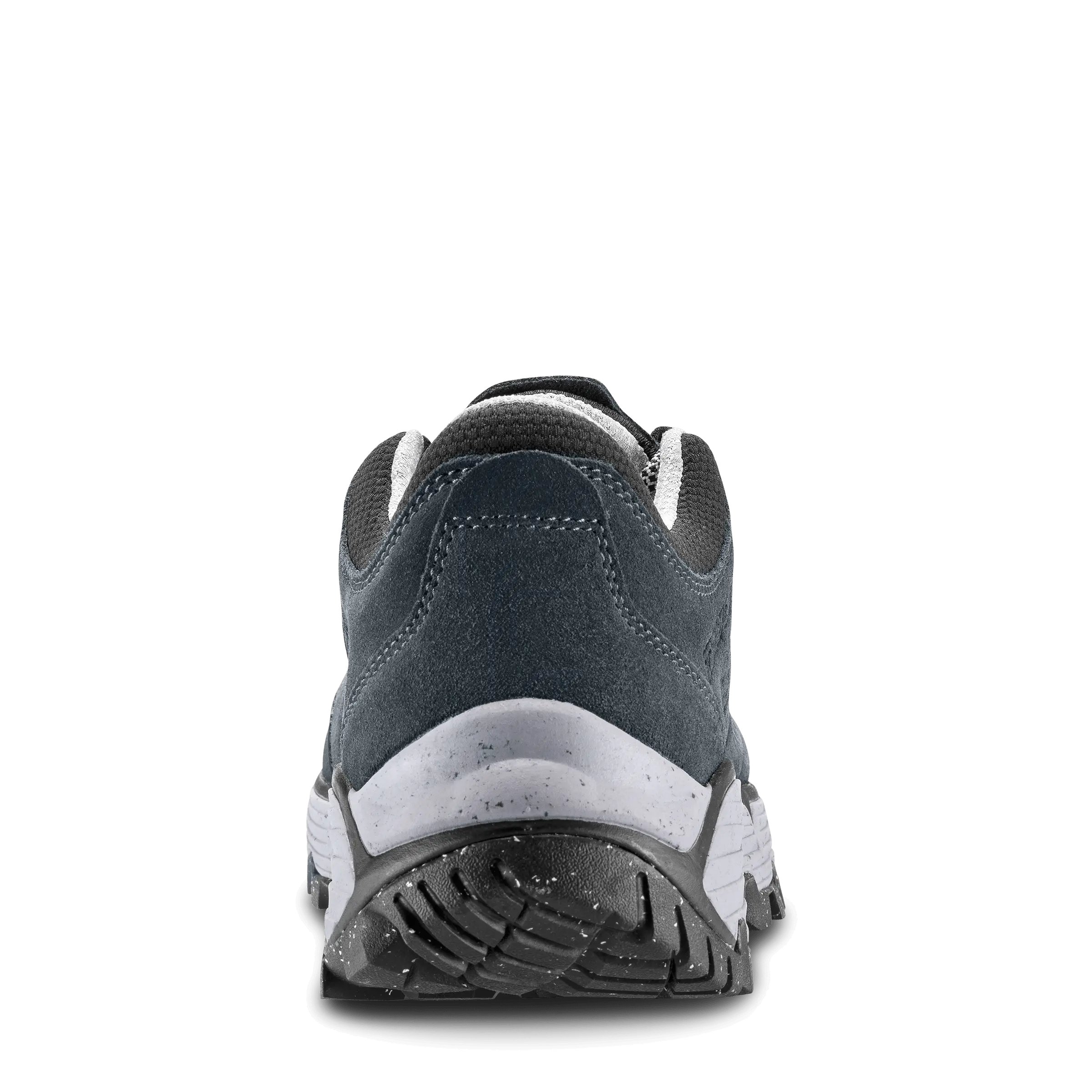 Back view of a blue shoe with white sole on a black background