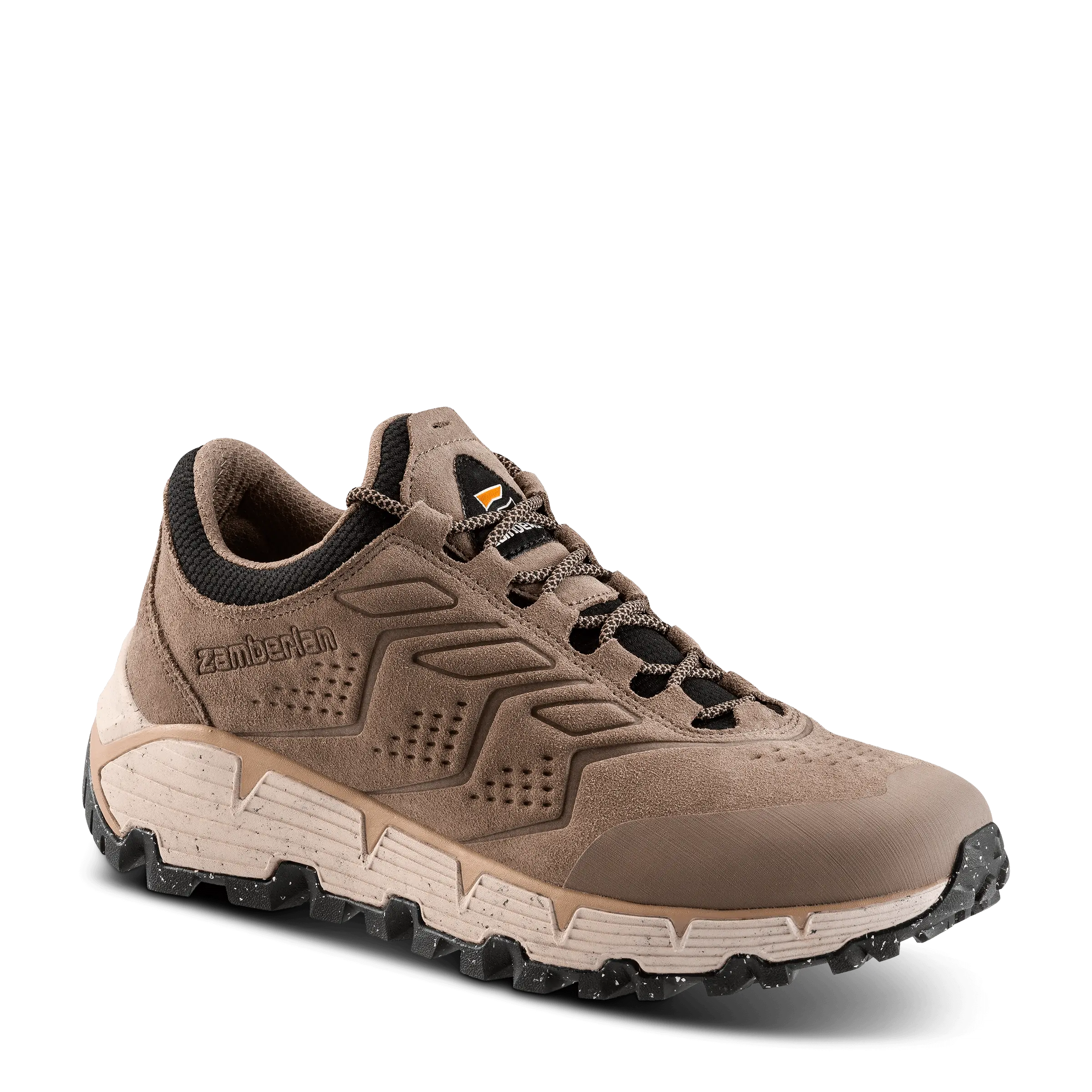 Brown hiking shoe with black accents on a transparent background