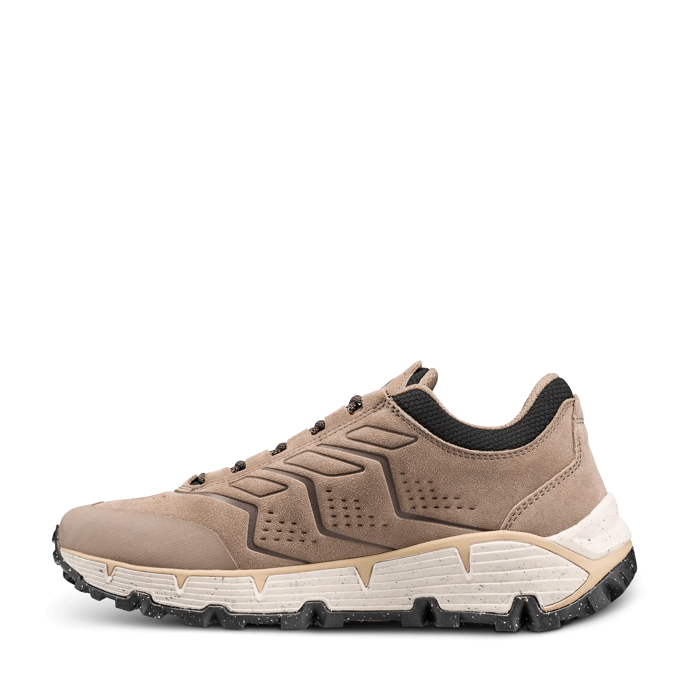 Brown sneaker with white sole on a black background