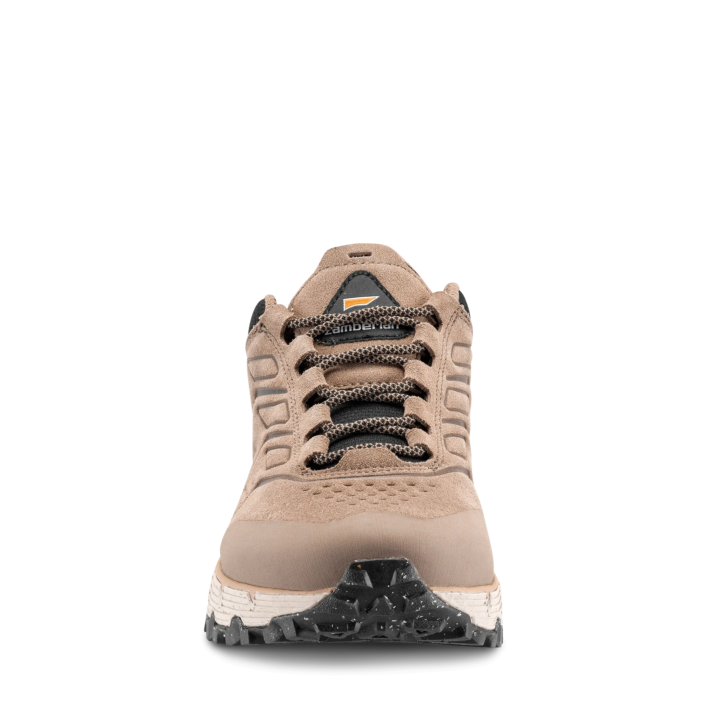 Brown hiking boot with visible brand logo on a black background