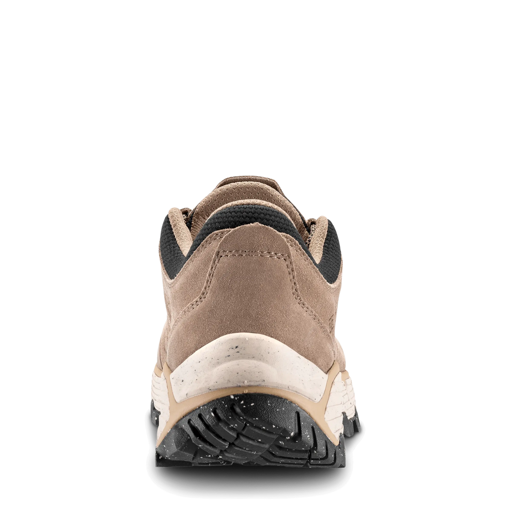 Brown hiking shoe with a white sole on a black background