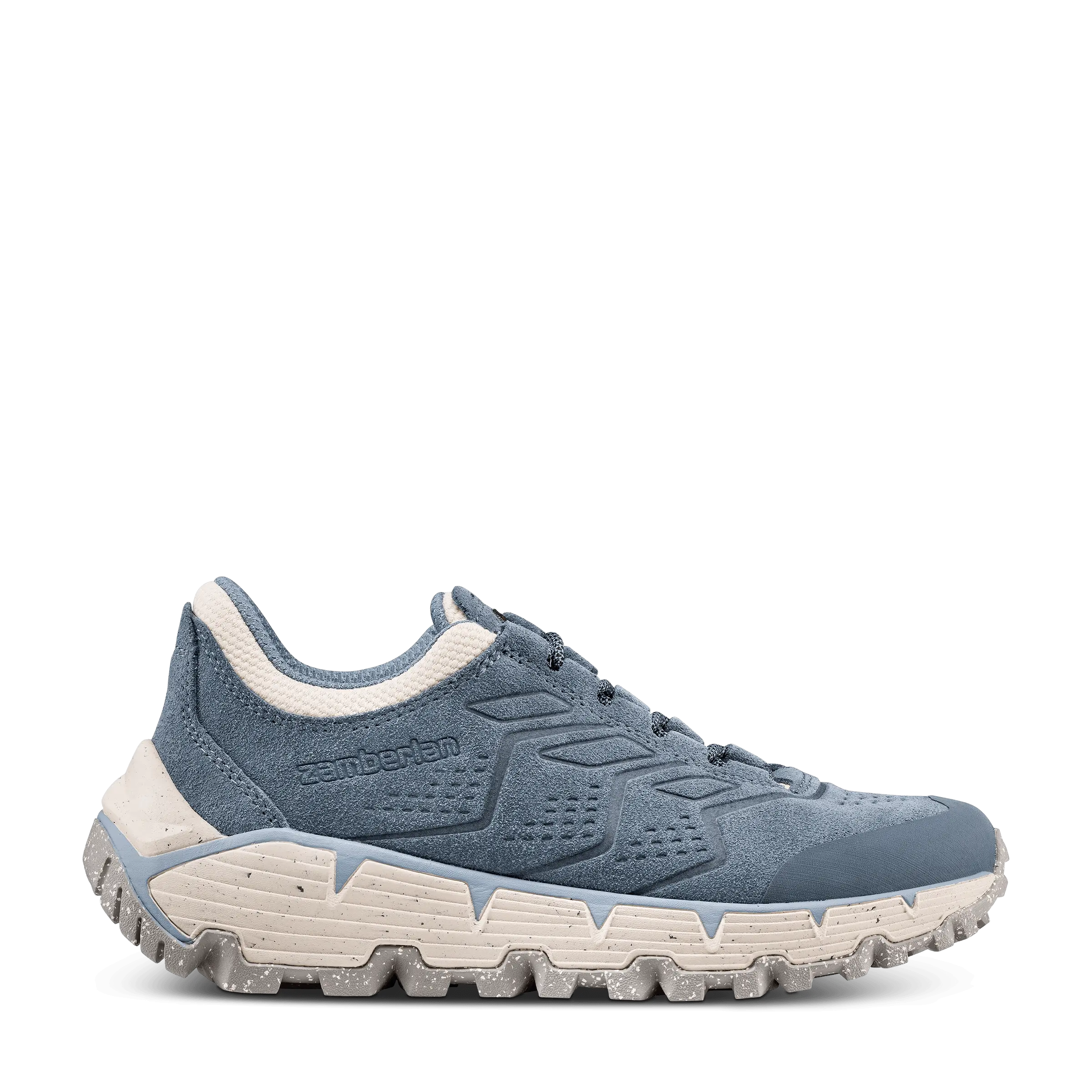 Blue running shoe with white sole on a black background