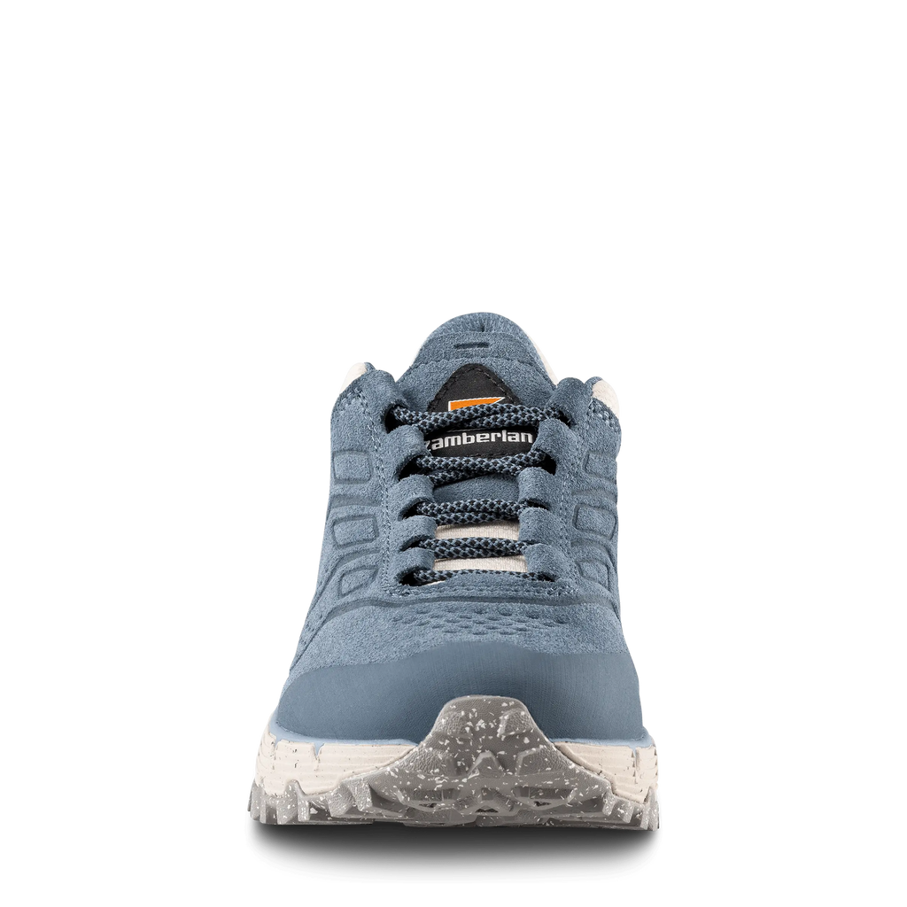 Blue work boot with visible brand logo on a black background