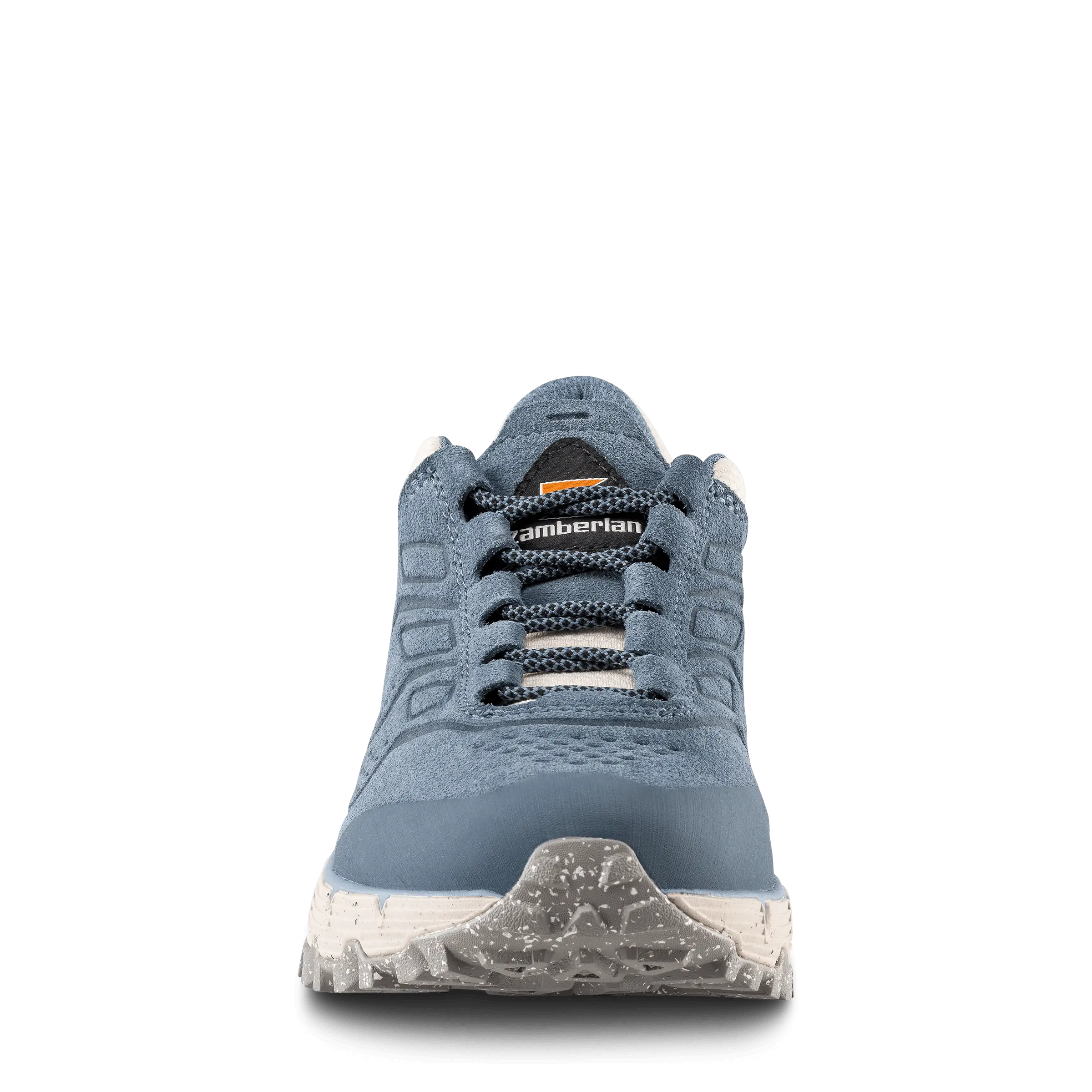 Blue work boot with visible brand logo on a black background