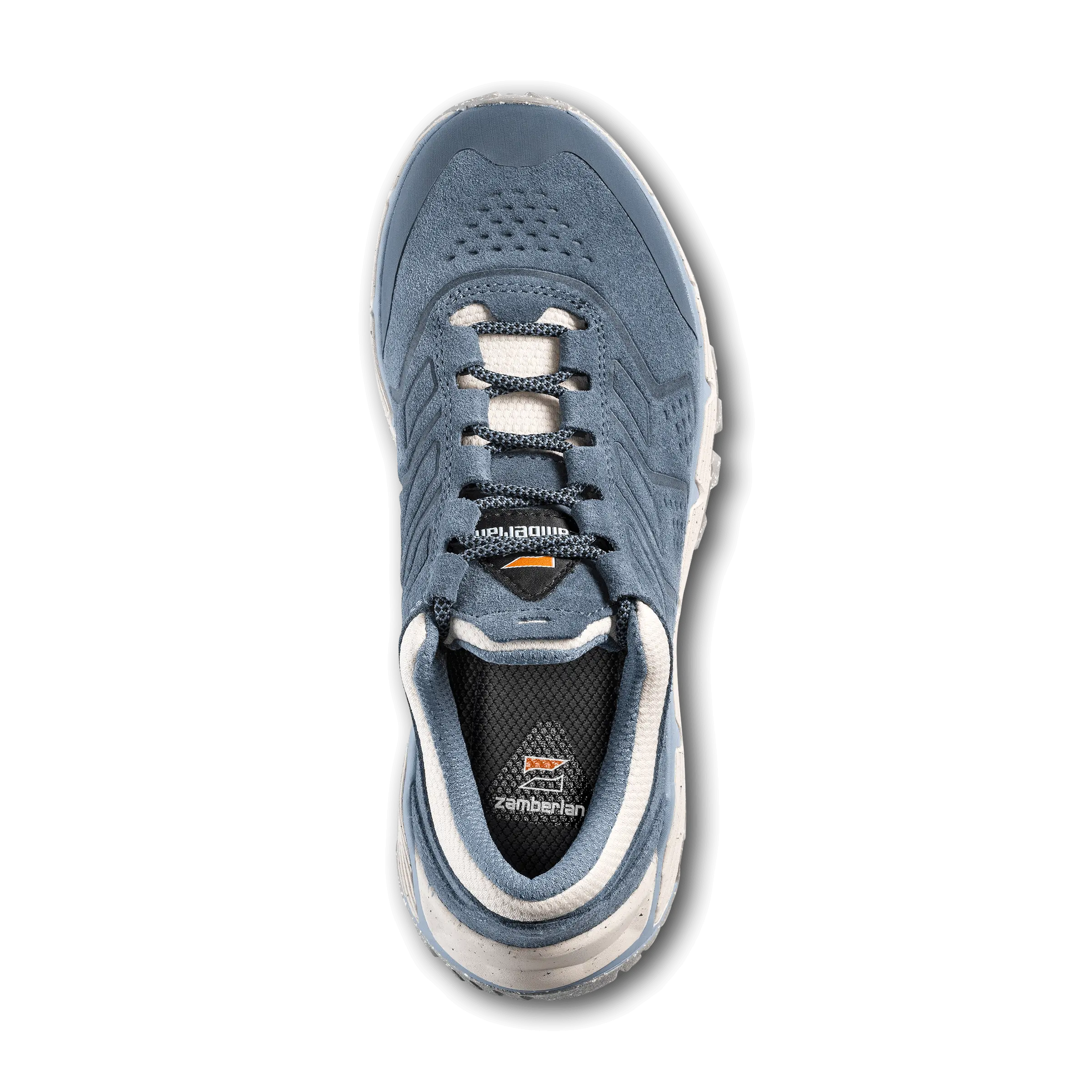 Blue athletic shoe with white sole on a black background