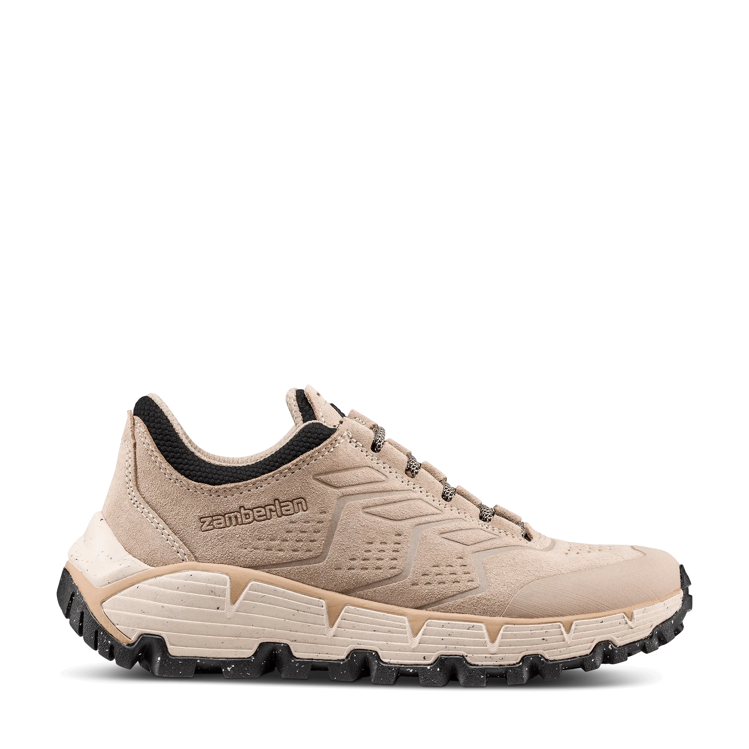 Beige sneaker with black accents on a white background