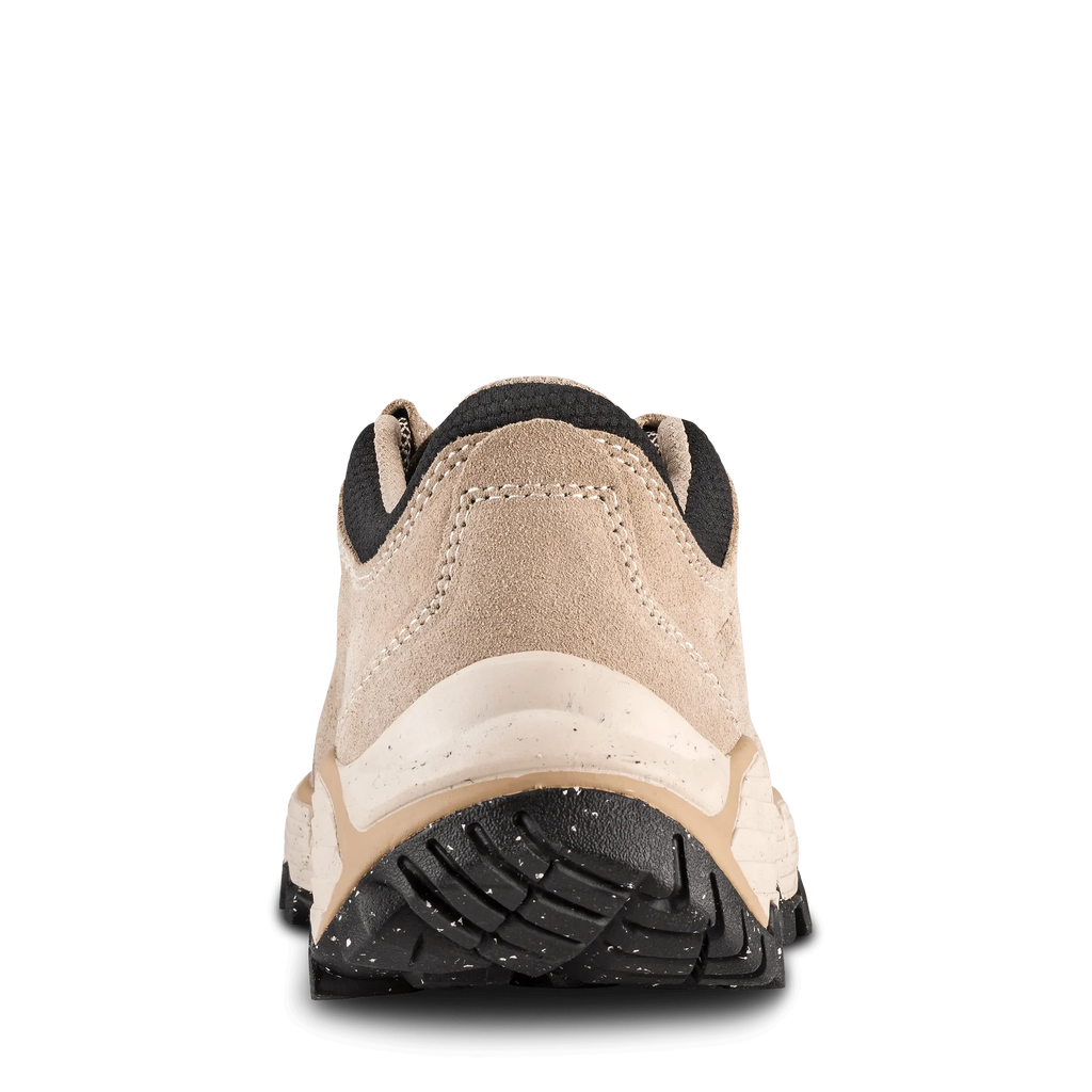 Beige hiking shoe with black sole on a white background